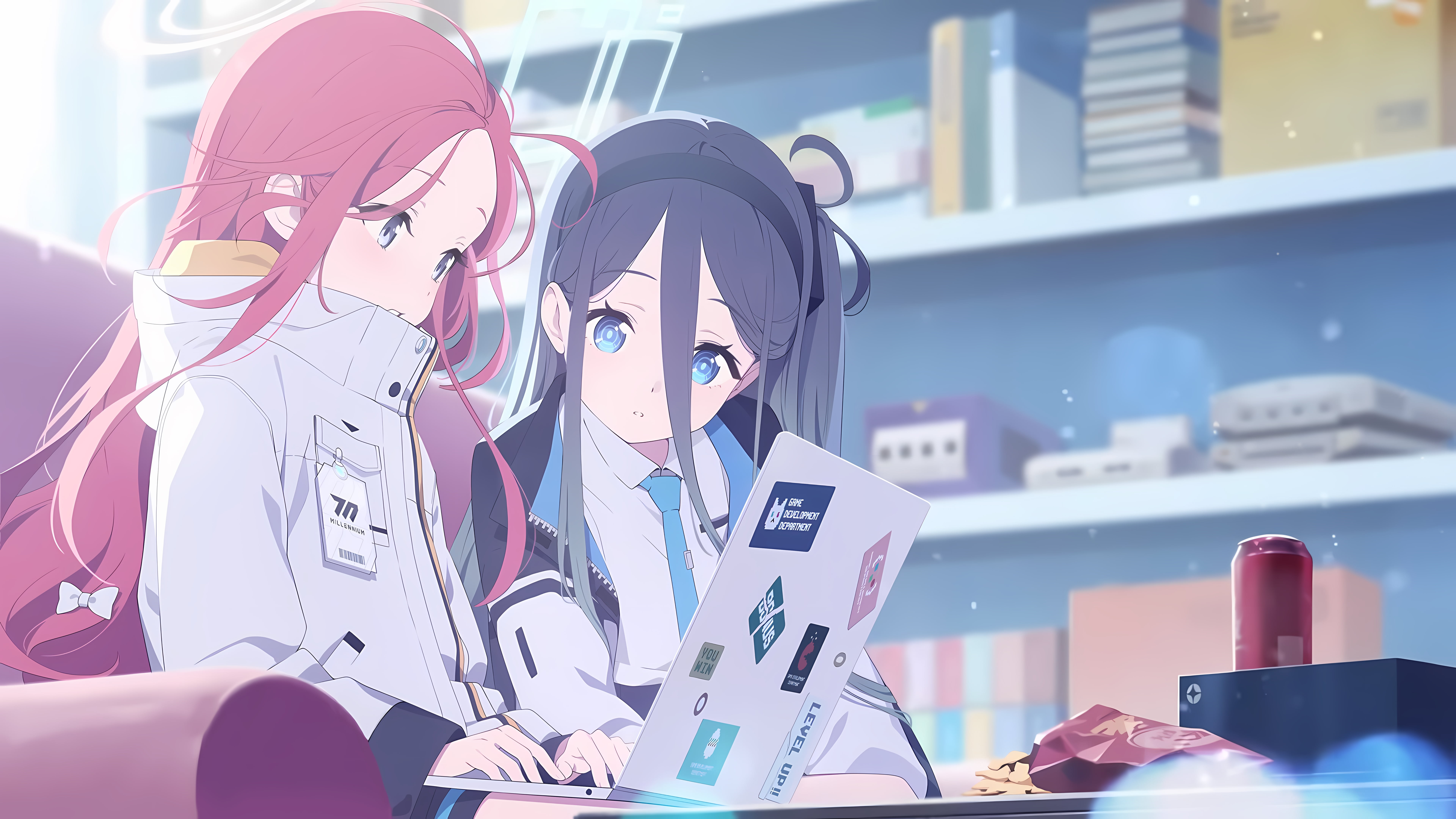 动漫 女孩 笔记本 电脑 室内 卧室 书架 任天堂 蔚蓝档案 壁纸 7680×4320