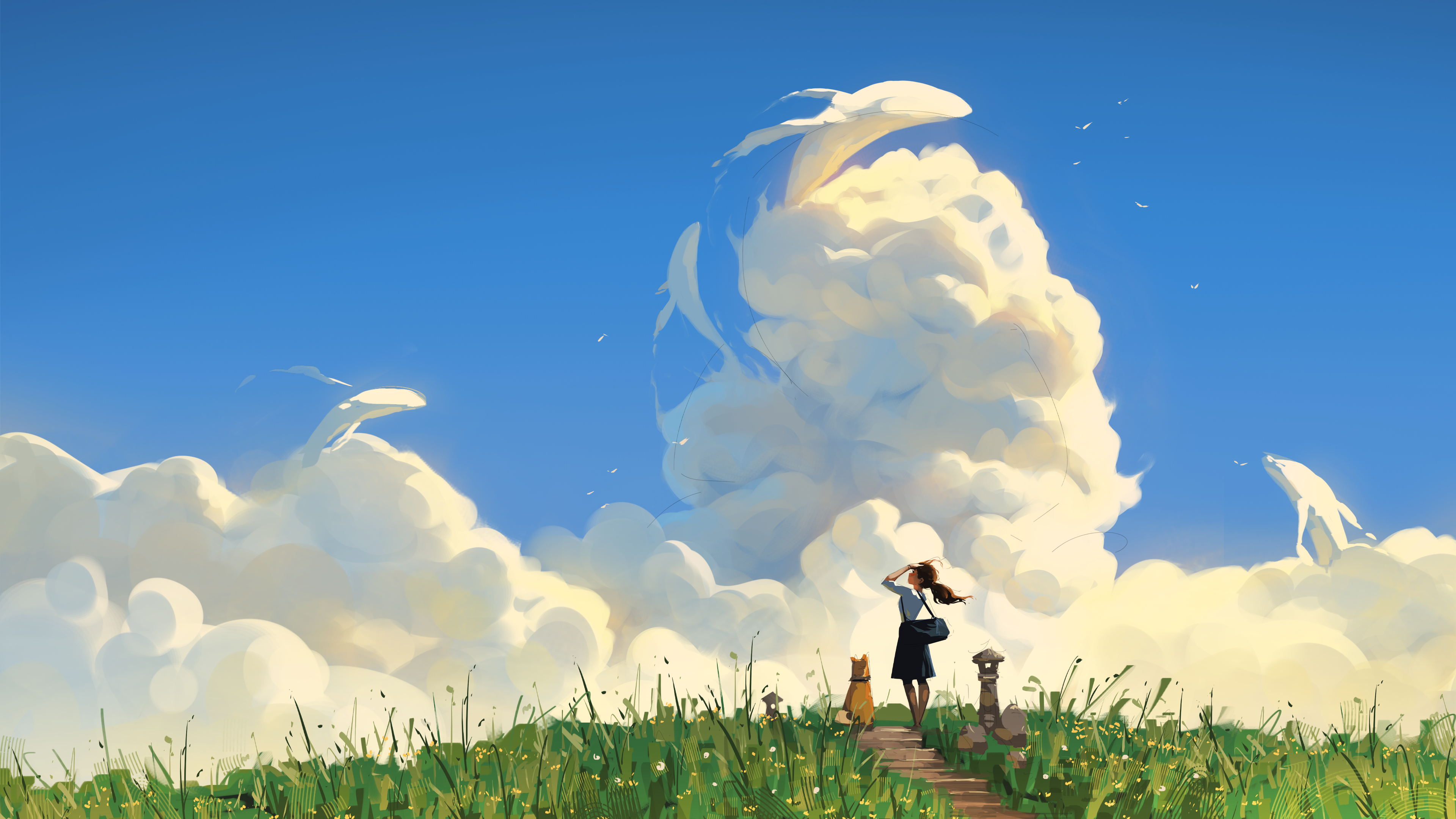 女性 AI艺术 插图 云 风景 鲸鱼 天空 狗 动物 抽象 壁纸 3840×2160