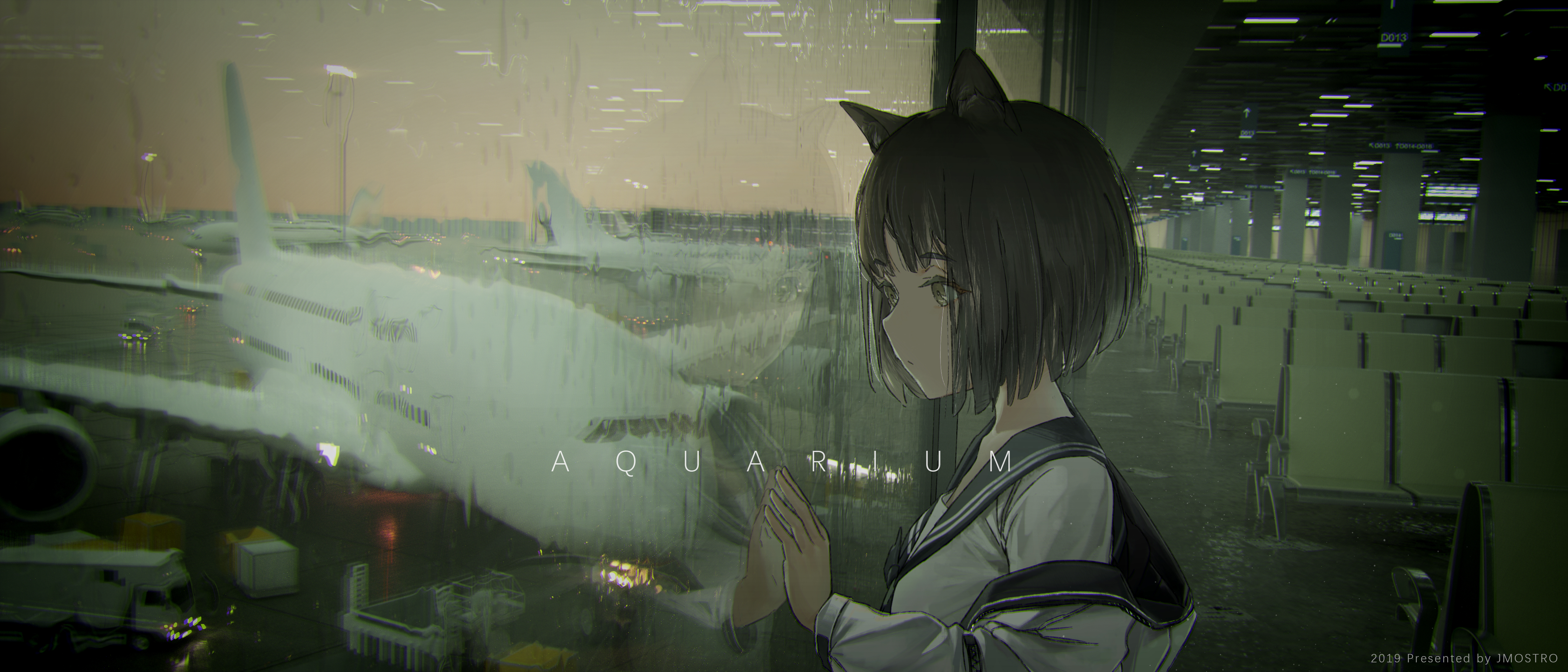 动漫 女孩 雨 猫耳朵 机场 玻璃 眺望 4K高清壁纸 5040×2160