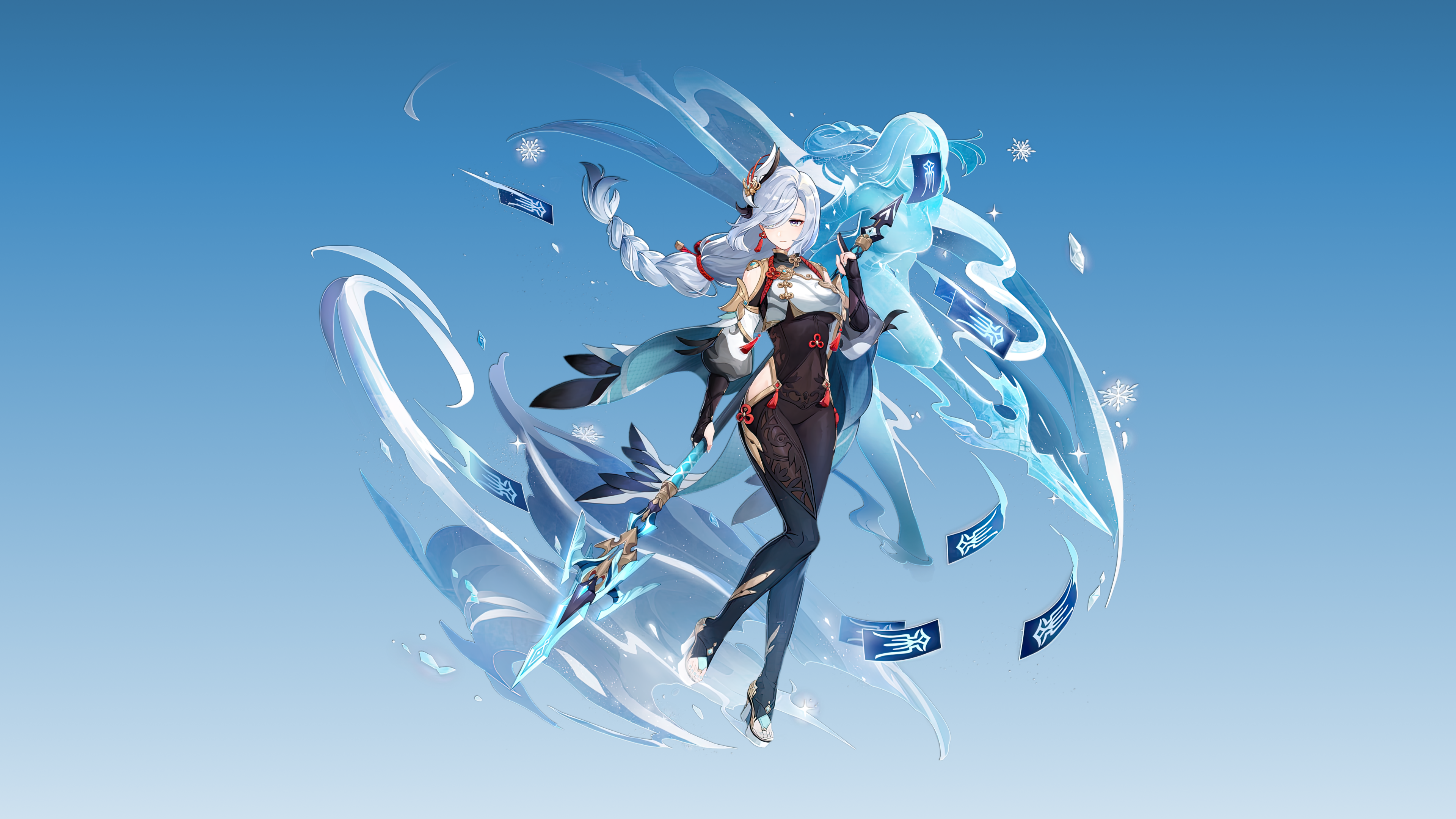 游戏CG 角色 辫子 神河 原神 简单背景 动漫 女孩 极简主义 长枪 武器 雪花 4K高清壁纸 3840×2160