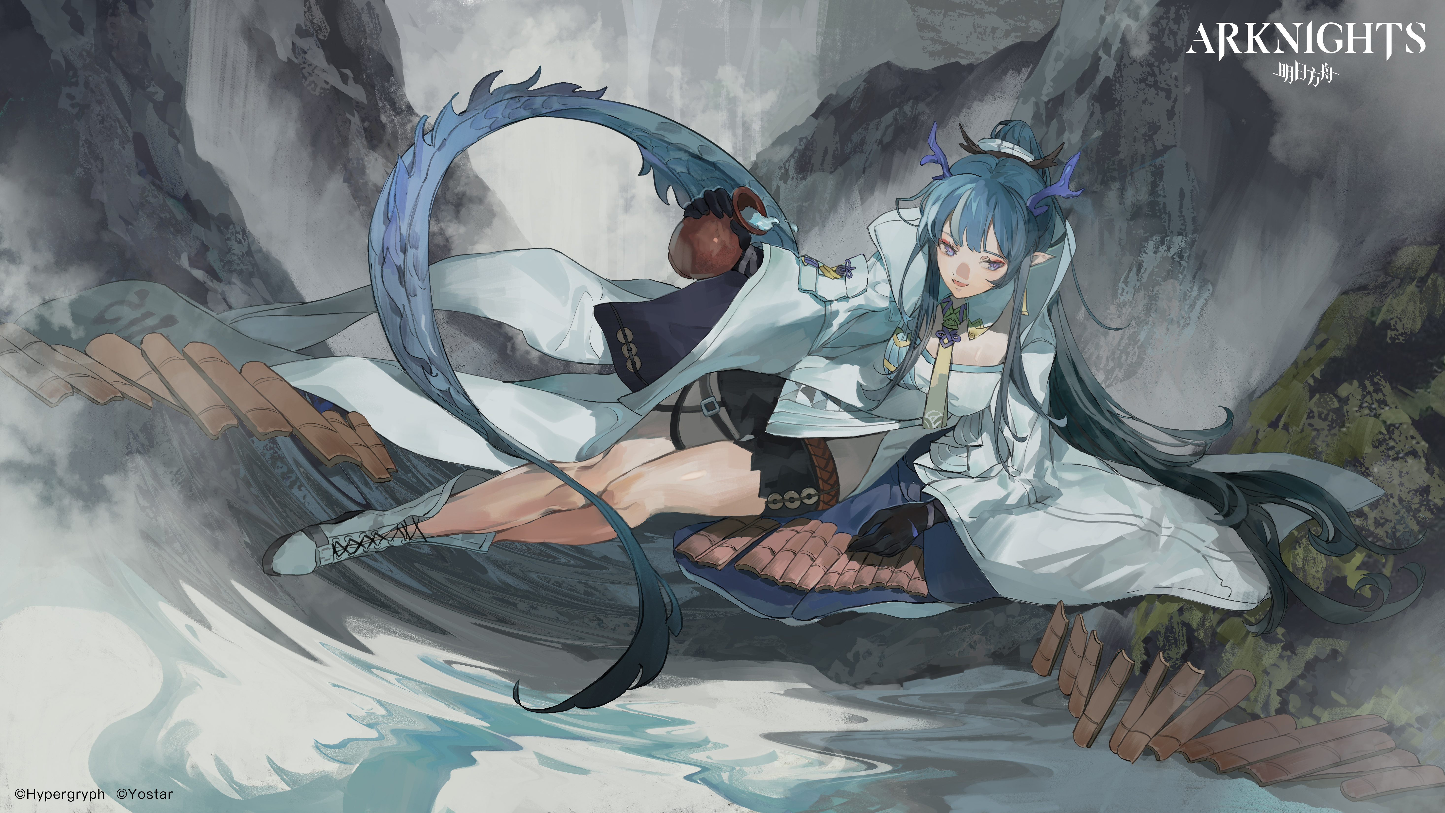 蓝头发 蓝眼睛 奇幻 女孩 骑士 铃儿 动漫 号角 龙女孩 尾巴 兽耳 明日方舟 高清壁纸 5866×3300