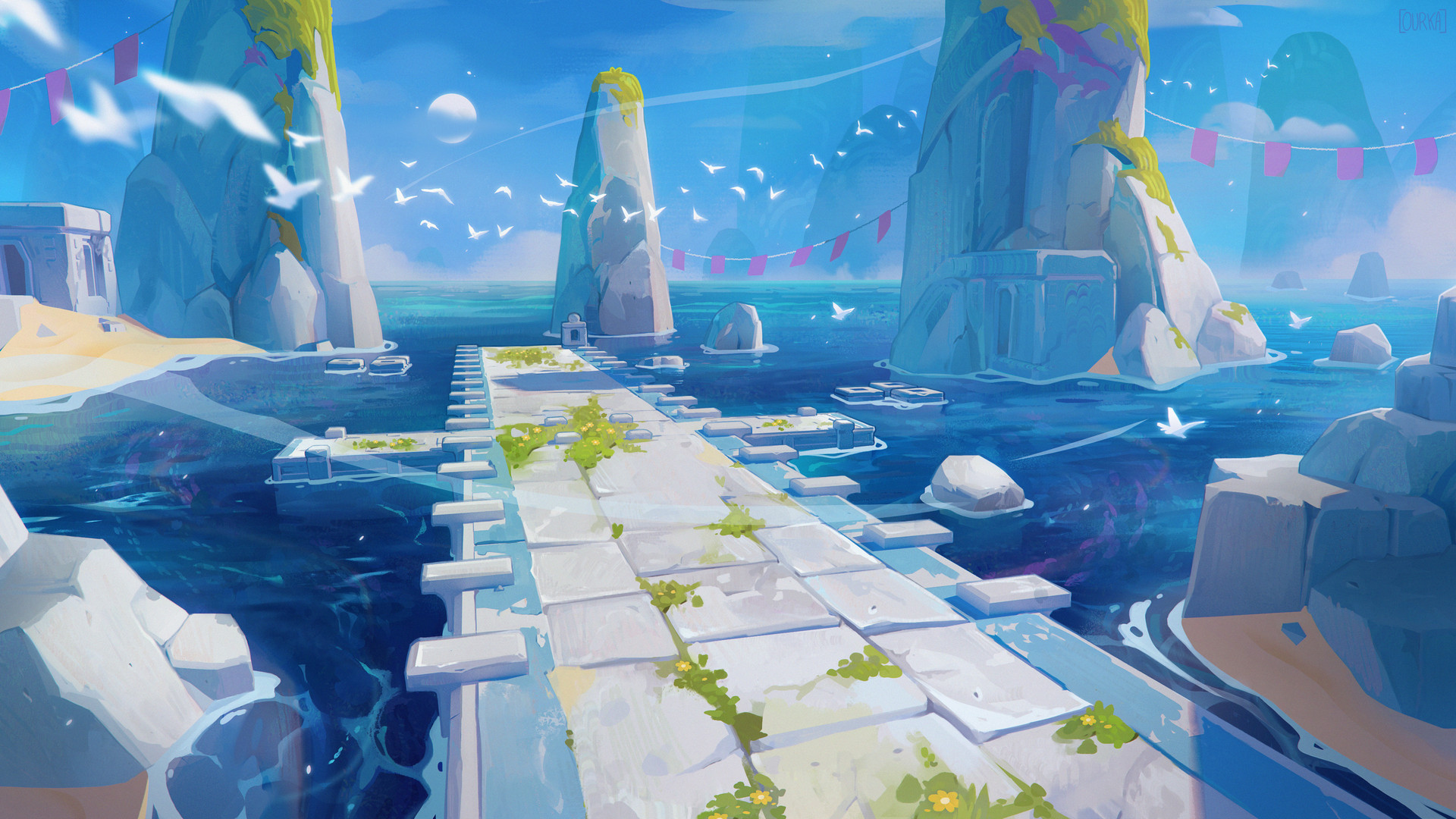 桥梁 风景 海洋 水 岩层 鸟类 动物 蓝色 奇幻艺术 云 AI艺术 壁纸 3840×2160