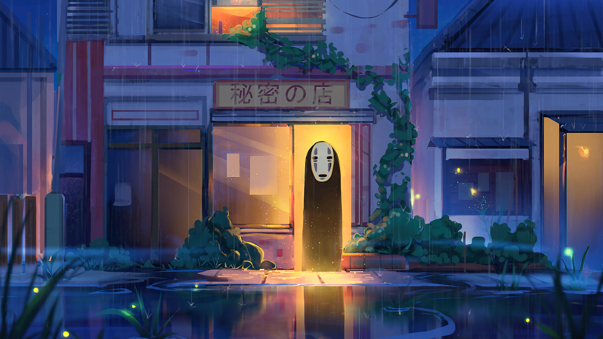 千与千寻 灯光效果 反射 雨 夜 4K壁纸 3840×2160