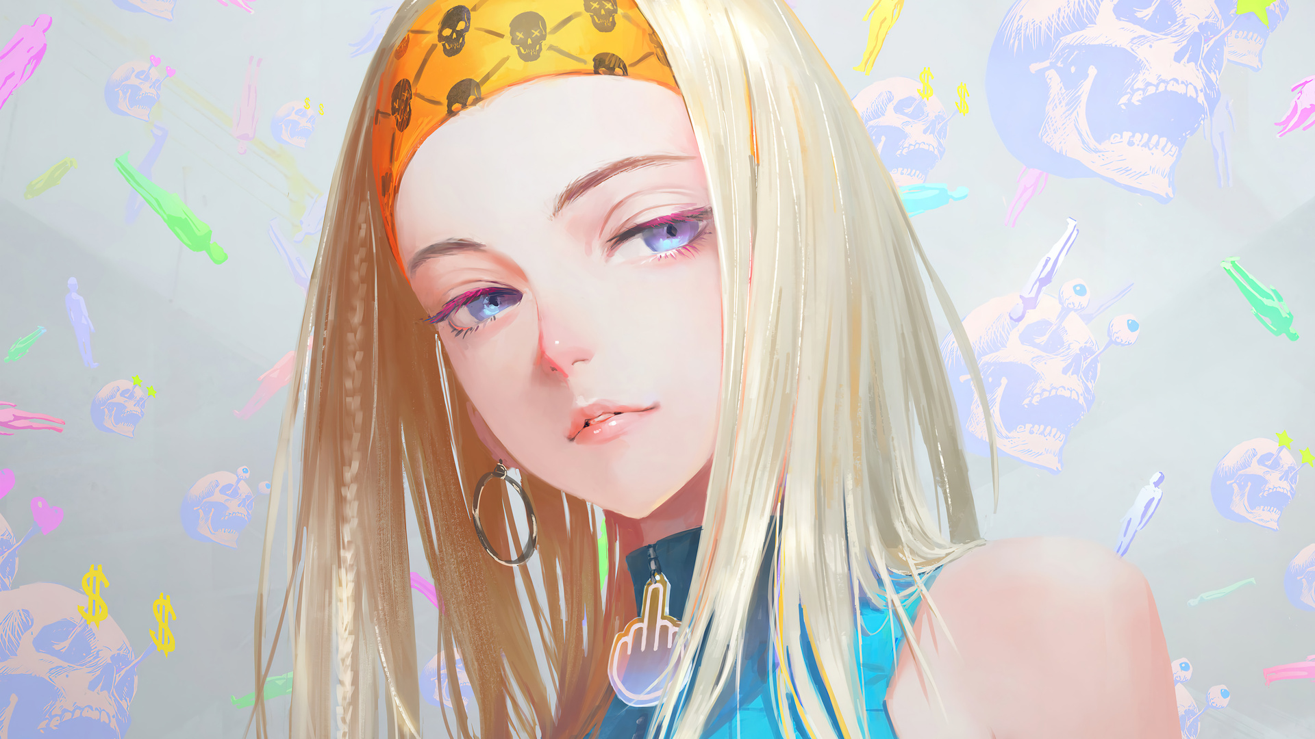 蓝眼睛 金发 横山 动漫女孩 AI艺术 发带 剪裁 嬉皮士 骷髅 壁纸 3840×2160