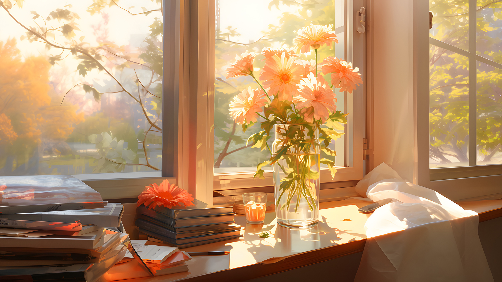 阳光 花园 书籍 鲜花 窗台 艺术 壁纸 3840×2160