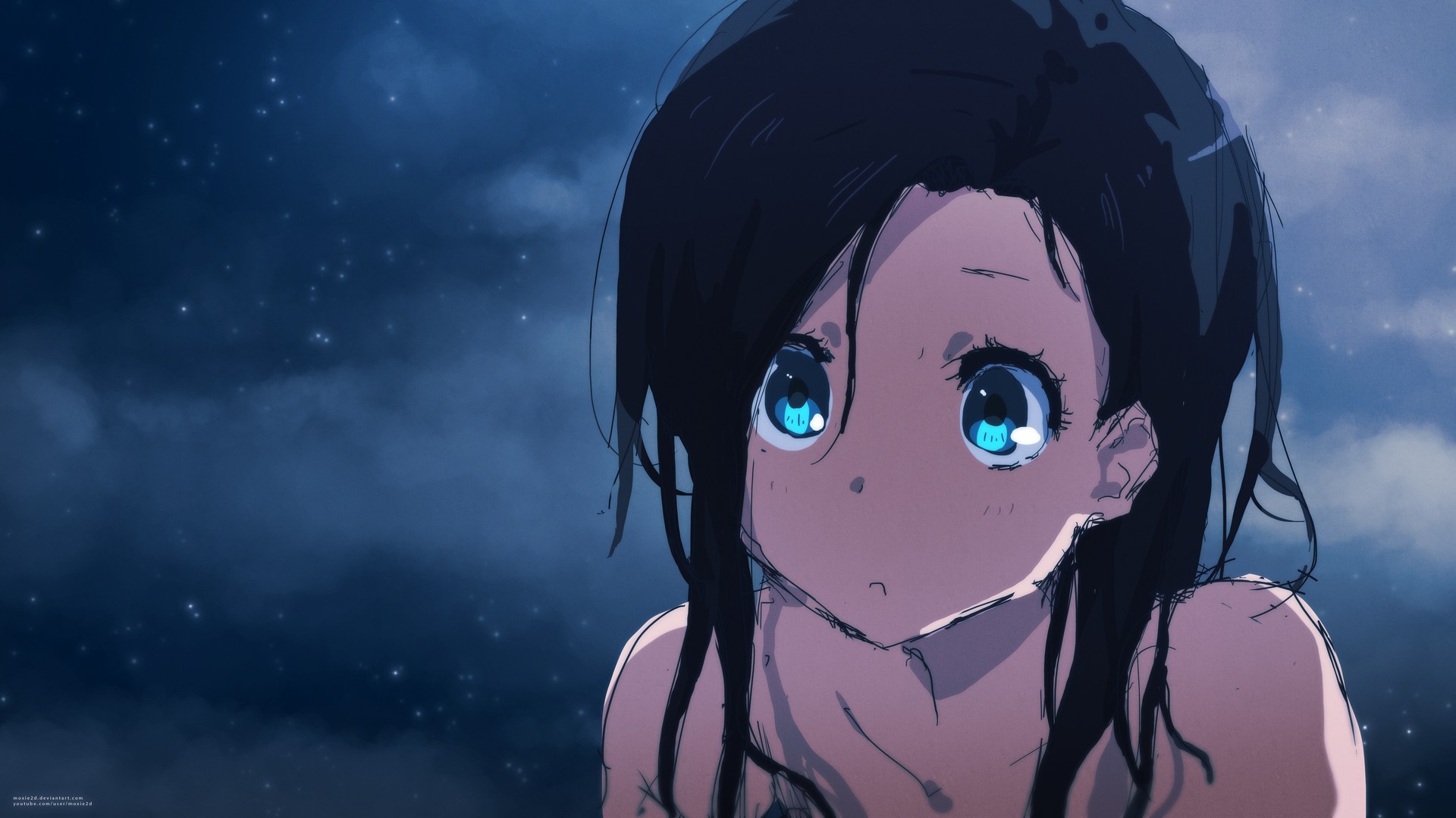 长发 蓝眼睛 汤姆·斯肯德 原创人物 脸 动漫女孩 黑发 动漫 邪恶艺术 蓝色背景 壁纸 5120×2880