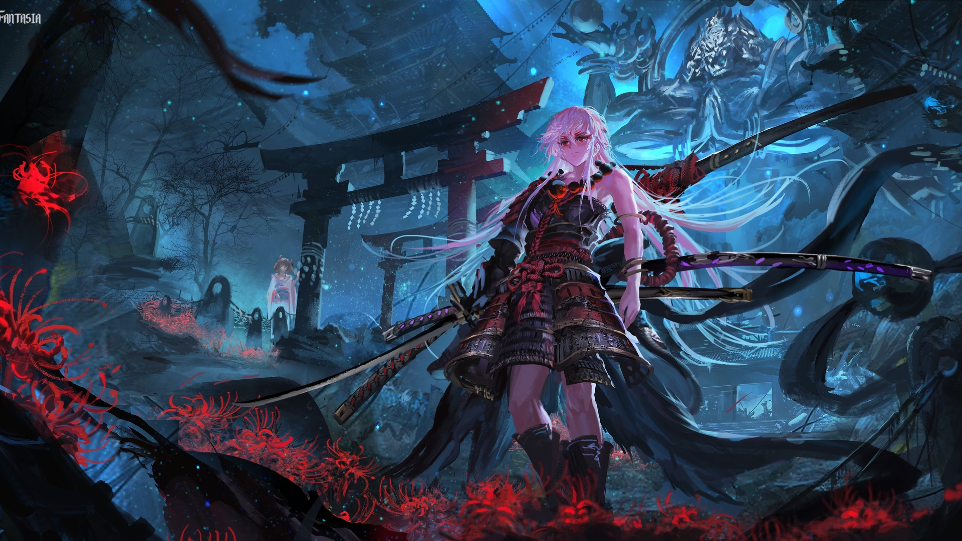 绚丽白发 长发 红眼睛 幻想女孩 幻想曲 动漫女孩 展望远方 武士 盔甲 武器 幻想艺术 环境 鲜花 建筑 雕像 黑色 数码绘画 插图 素描 AI艺术 扇形艺术 高清壁纸 4822×2353