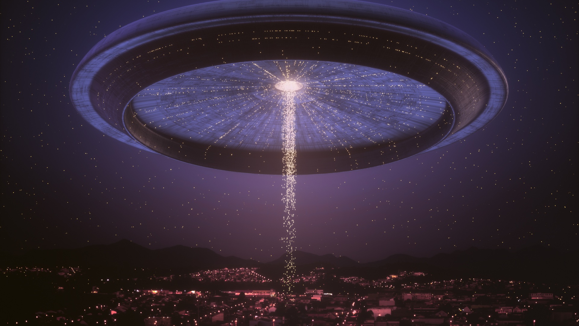 不明飞行物 宇宙飞船 城市 夜晚 未来主义 科幻小说 星星 灯光 漂浮粒子 母舰 外星人绑架 山 鸟瞰 壁纸 7150×5280