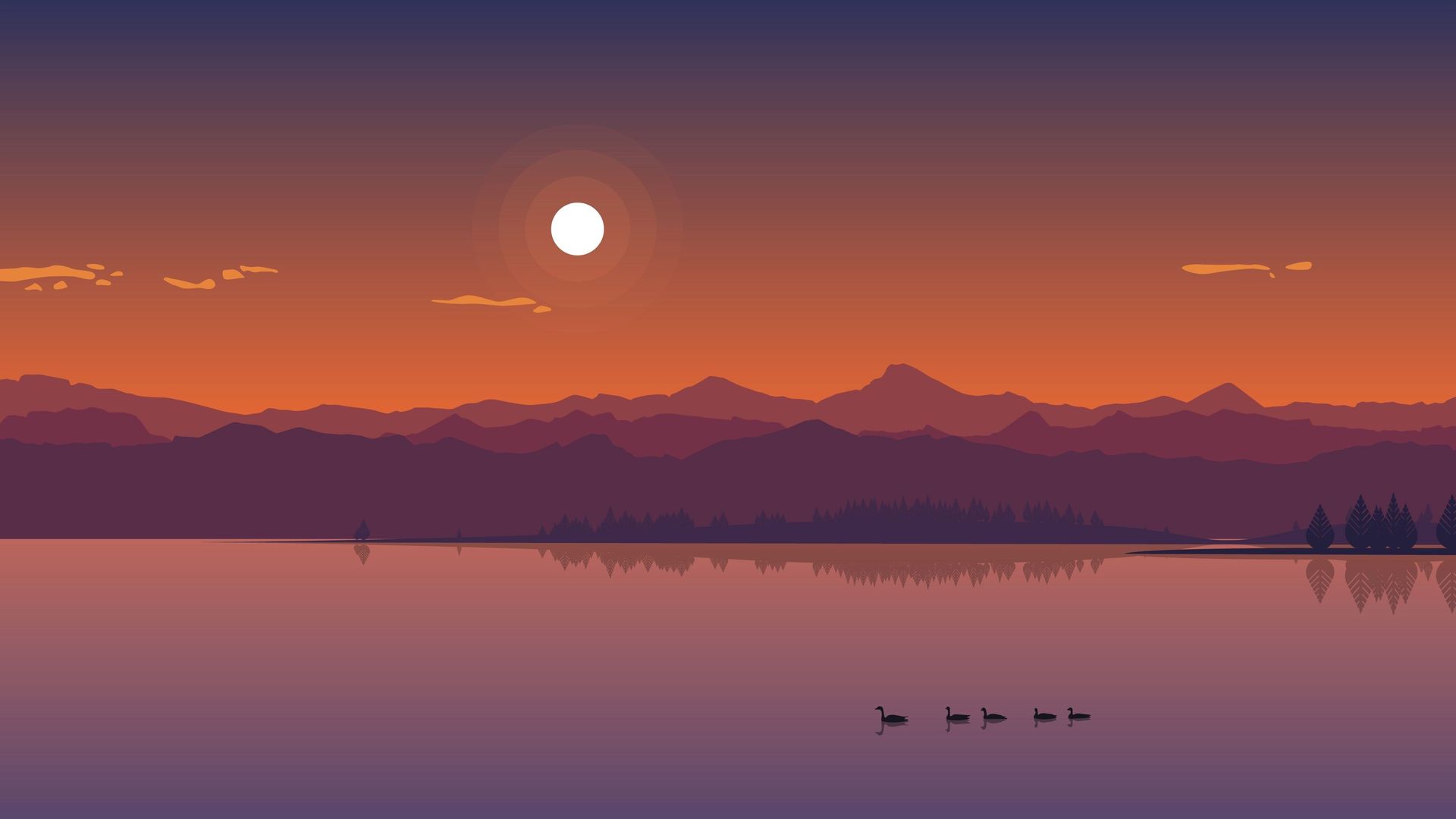 热门矢量 湖 鸭子 山 云 太阳 AI艺术 森林 树木 高清壁纸 3840×2160