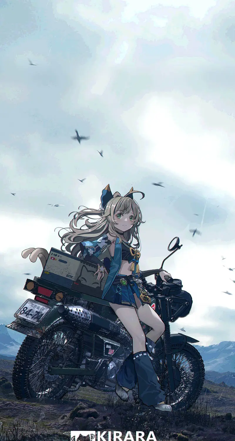 猫女孩 金发女郎 绿眼睛 目光移开 原神 基拉拉 动漫 动漫女孩 猫耳朵 迷你裙 摩托车 田野 本田 雨 天空 云 车辆 山 水印 4 4K高清壁纸 4318×7467