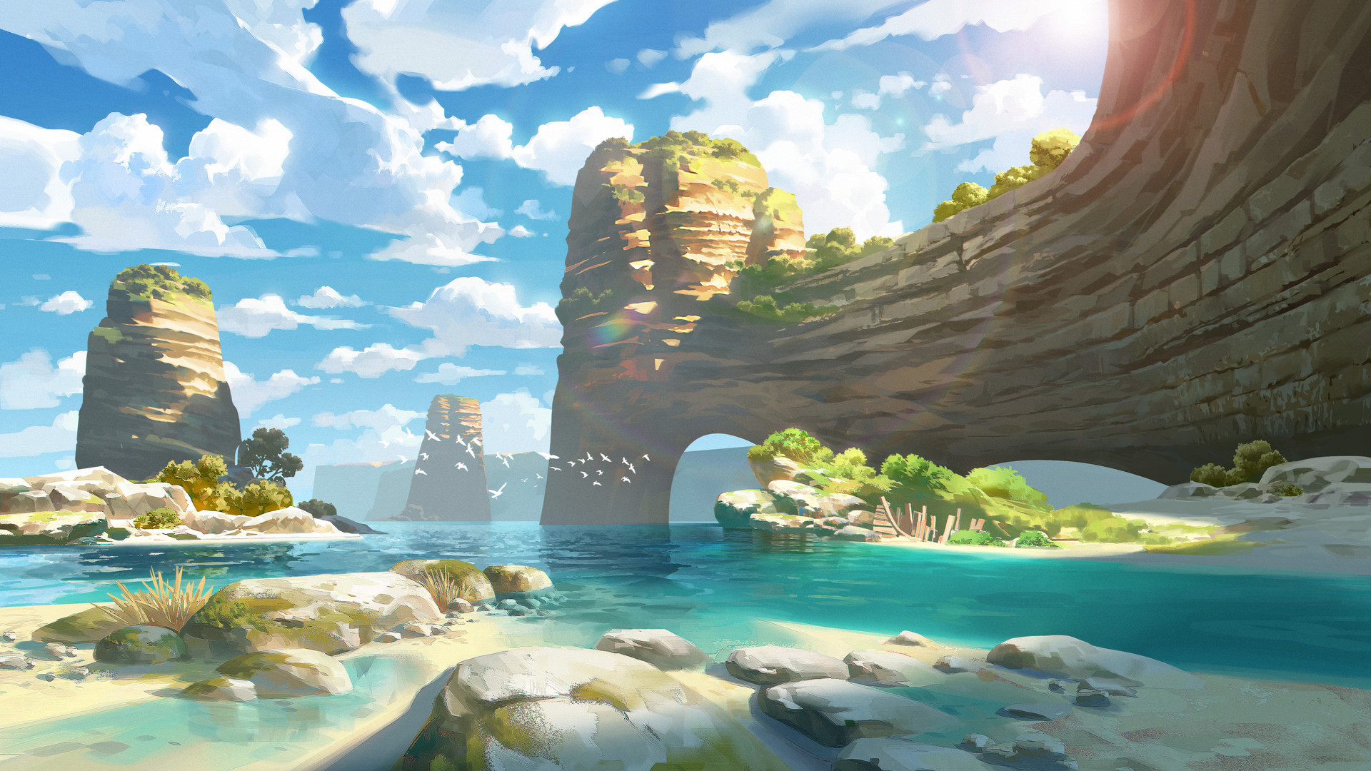 热门凯文·格努茨曼 风景 AI艺术 插图 自然 海滩 海洋 悬崖 岩层 云 沙 水 阳光 天空 高清壁纸 3840×2254