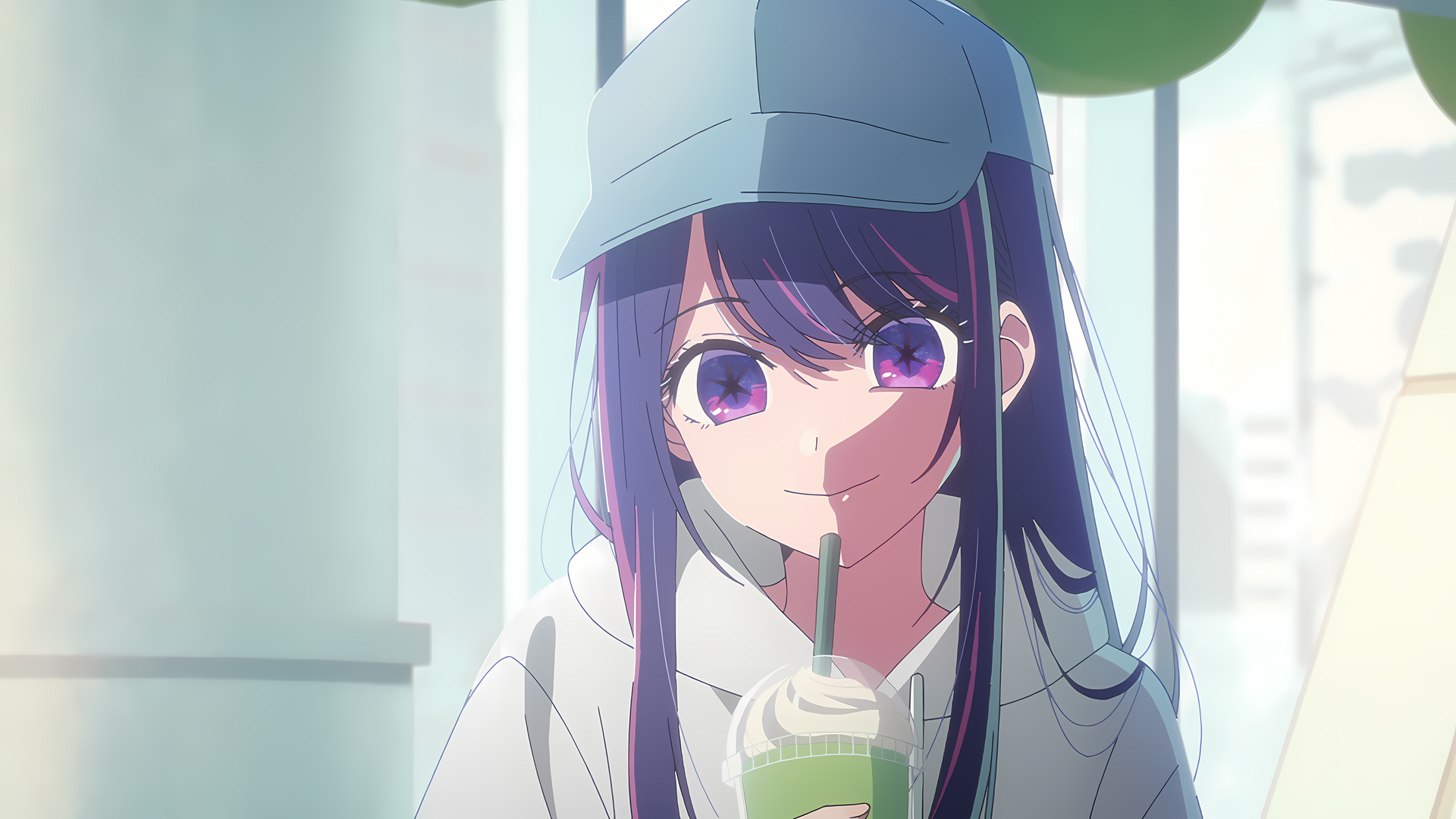 热门微笑 留着长发 动漫女孩 明星眼睛 饮料 帽子 双色调头发 星野爱 高清壁纸 3840×2160