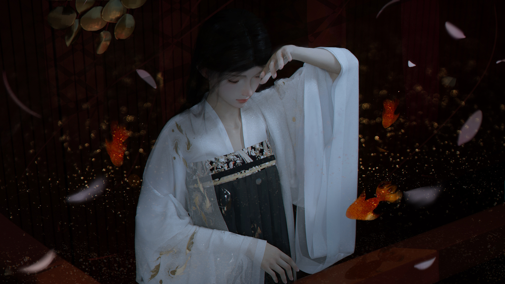 梦幻女孩 亚洲人 绘画 鱼 4K高清壁纸 4096×2304