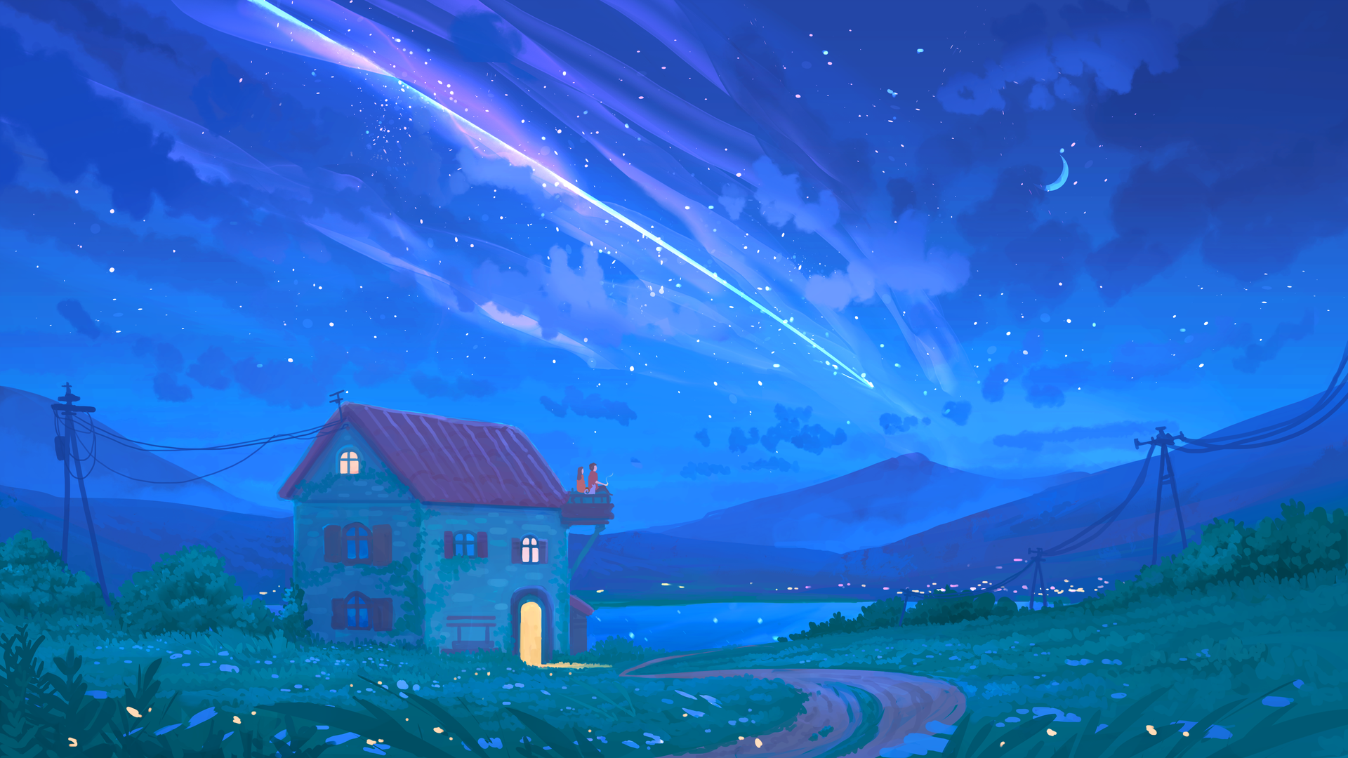 热门自然 房屋 夜晚 天空 月亮 流星 星星 高清壁纸 5000×2811