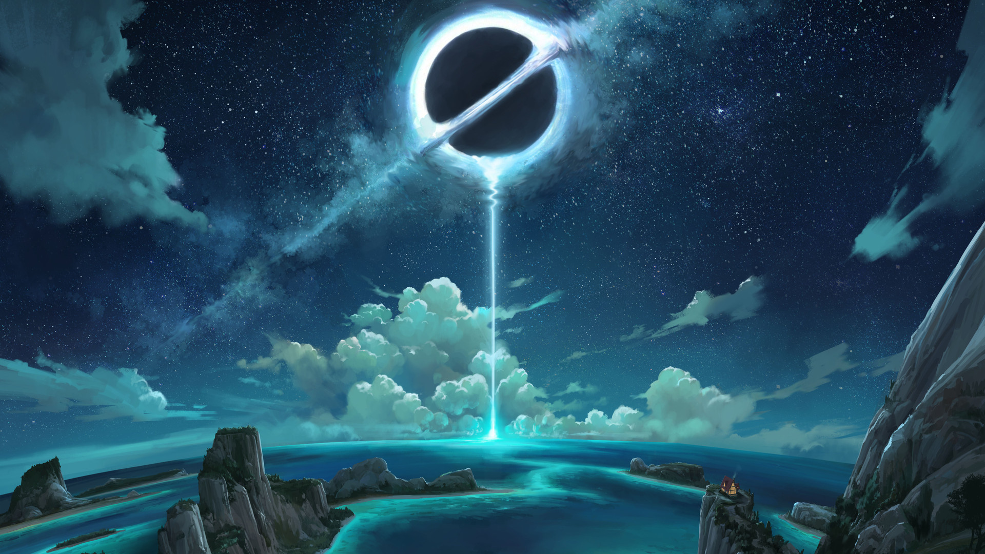 AI艺术 插图 自然 风景 夜 夜景 云 星星 黑洞 海滩 海 水 悬崖 房子 天空 4K壁纸 3840×3317