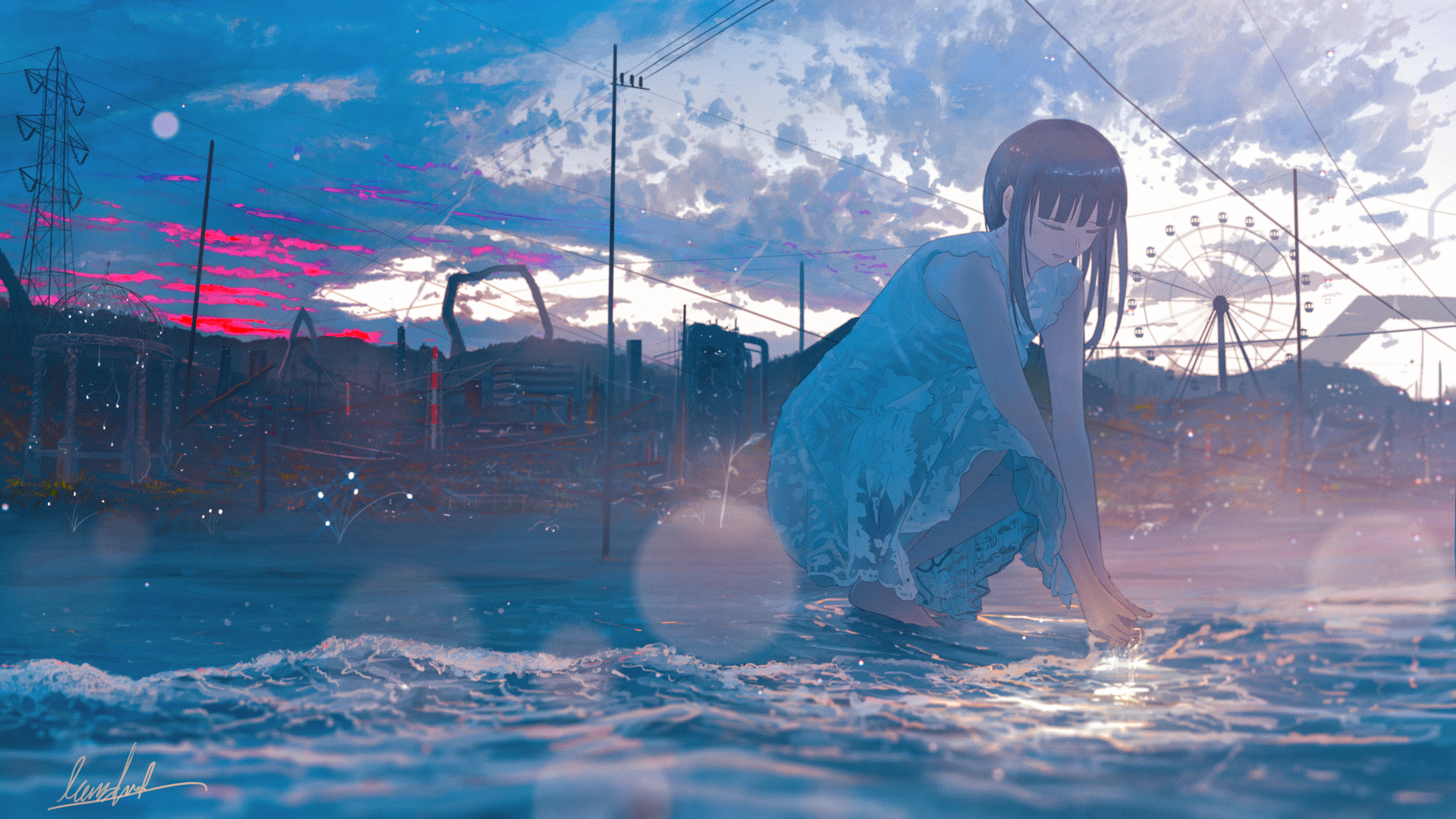 原创人物 摩天轮 海 海滩 动漫 动漫女孩 云 4K高清壁纸 3840×2160