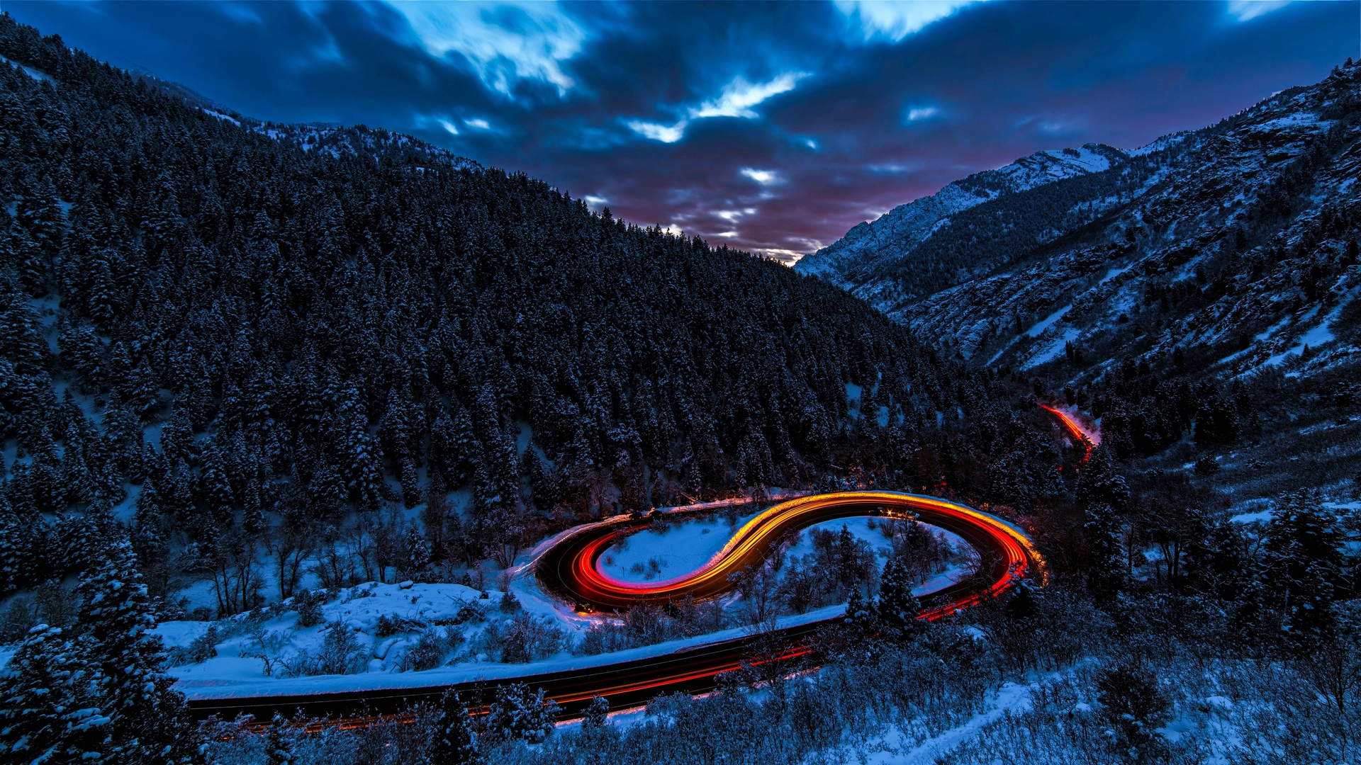 绝美自然 景观 道路 长时间 树木 森林 雪 冬天 发夹弯 无水印壁纸 5472×3078