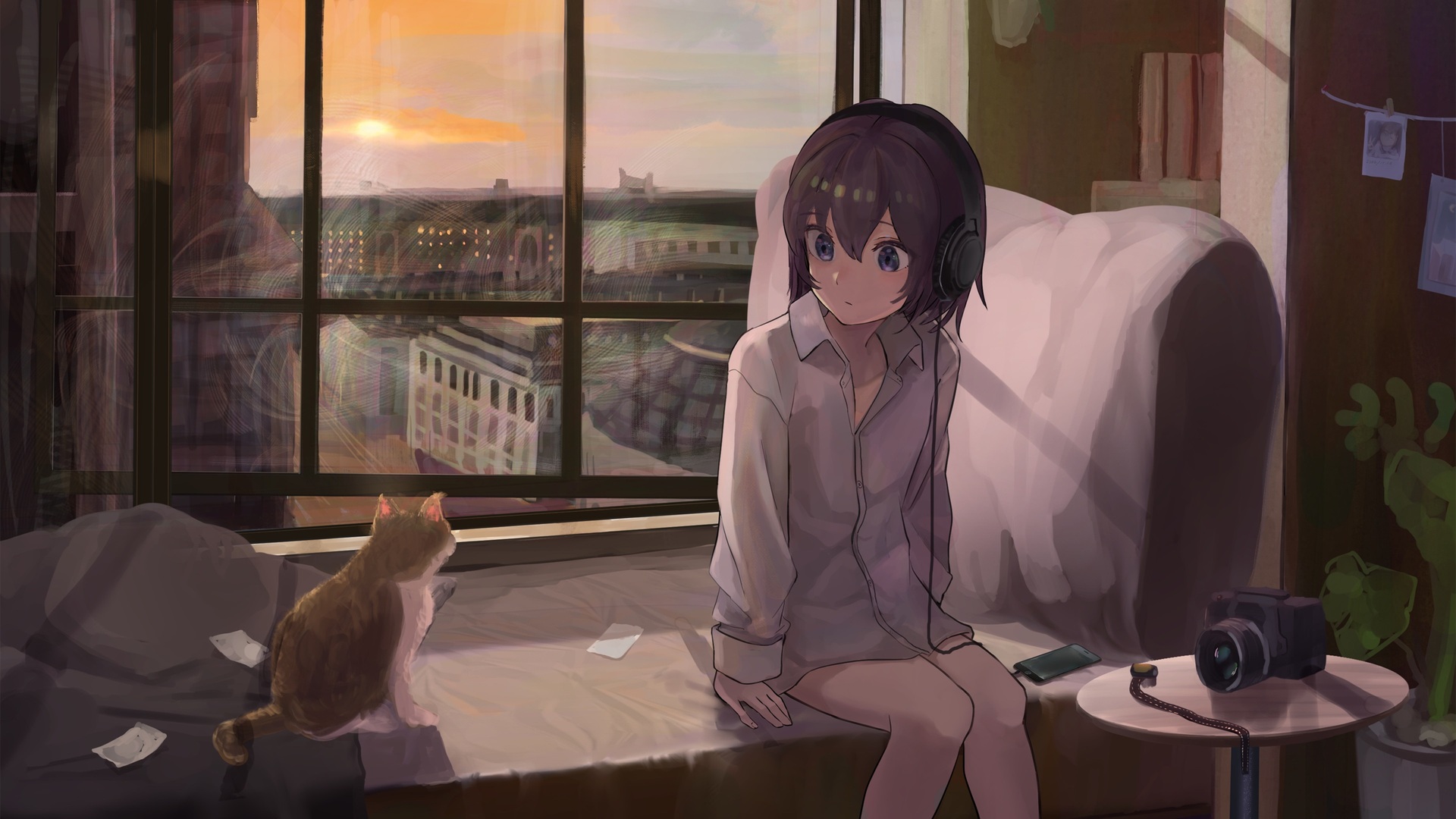 唯美动漫 猫 窗户 耳机 动物 动漫女孩 室内 4K壁纸 3840×2160