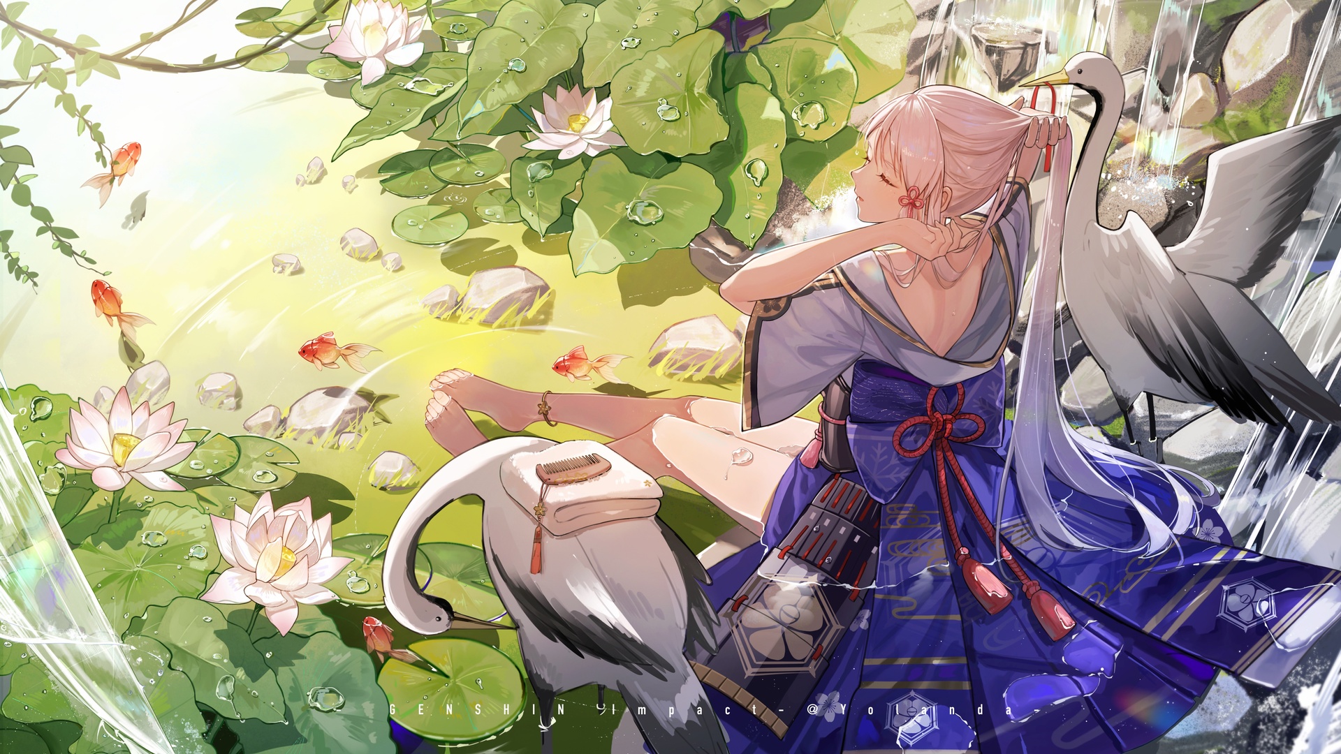 赤脚 原神 动漫女孩 服装 鹤 鸟 4K高清壁纸 5432×3081