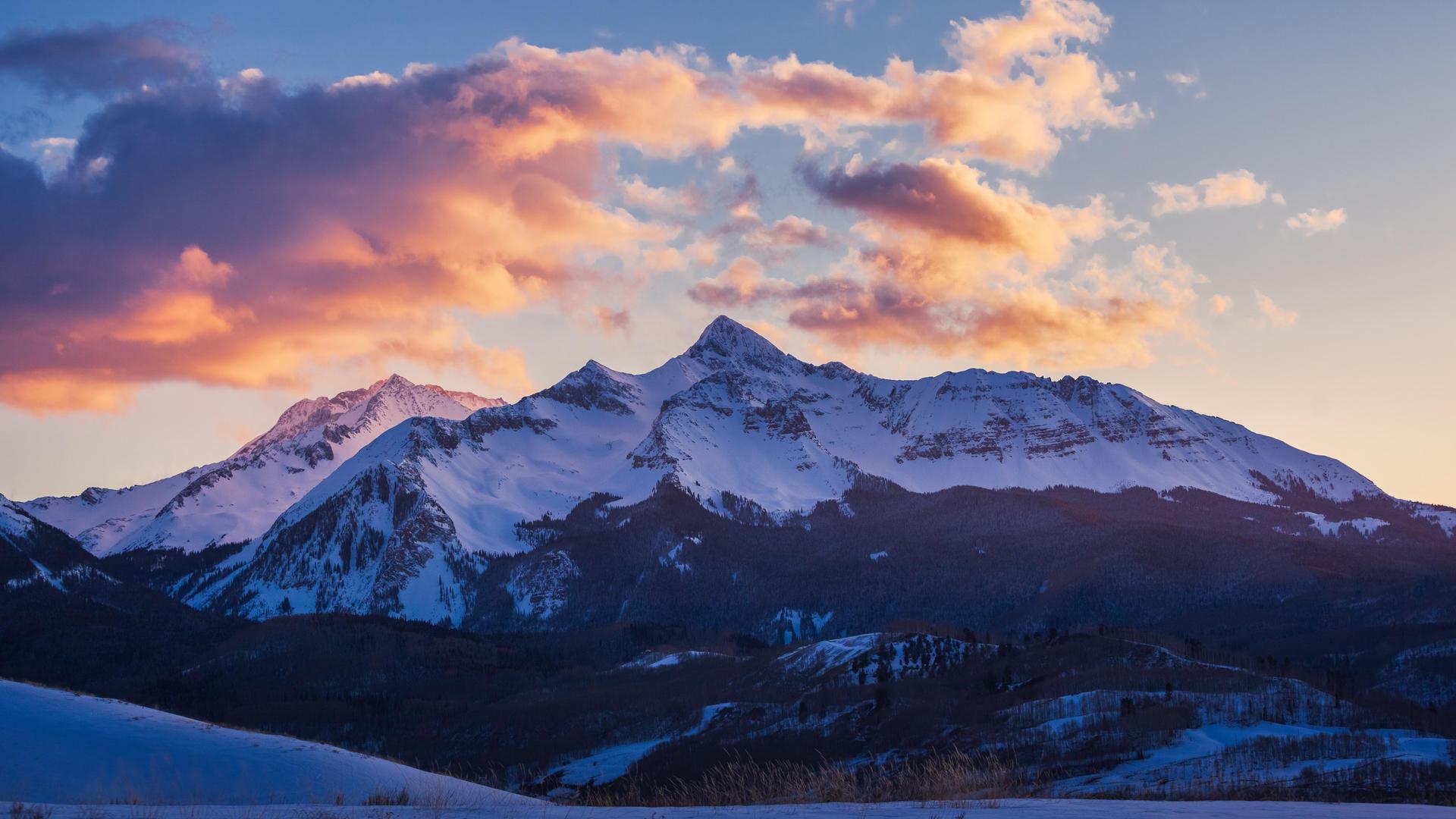 云 自然 冬天 雪 日落 科罗拉多州 风景 森林 田野 山口 夕阳辉光 山脉 壁纸 5214×3476