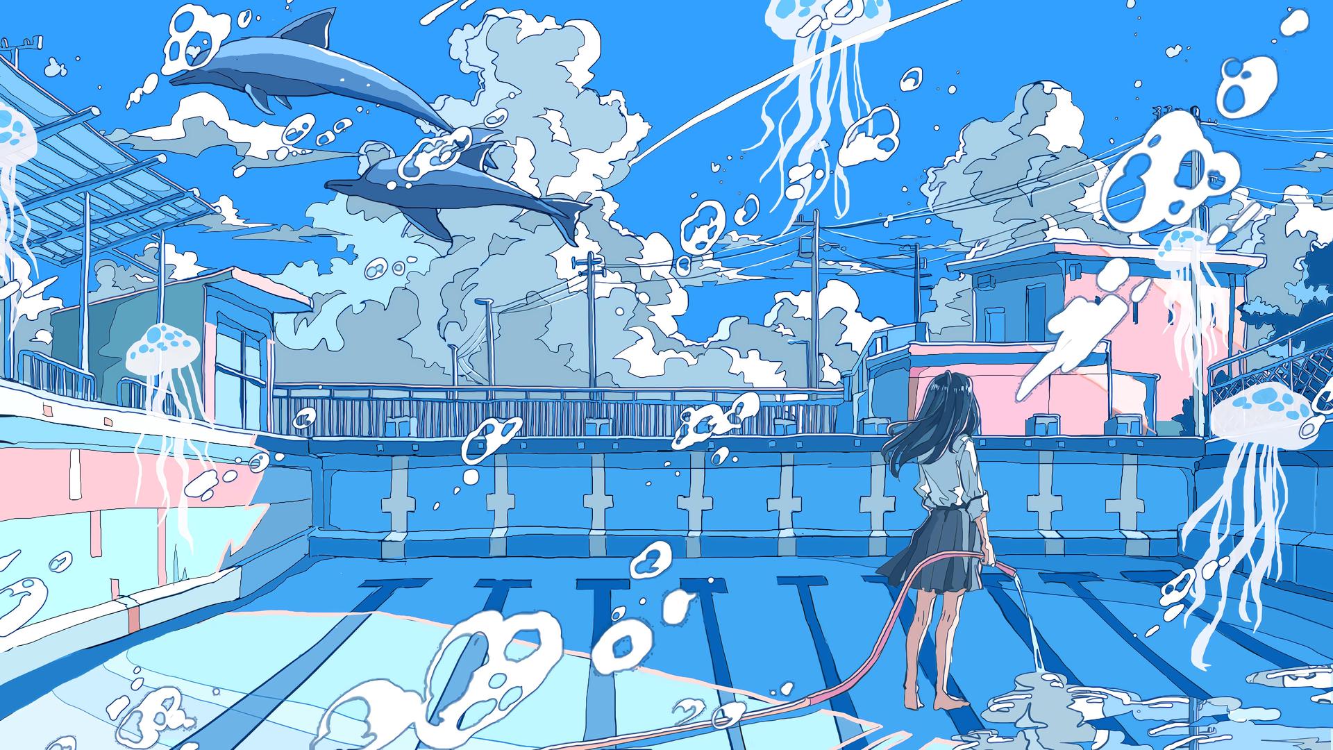 女学生 动漫 动漫女孩 海豚 水母 动物 水 云 游泳池 校服 壁纸 7680×4320