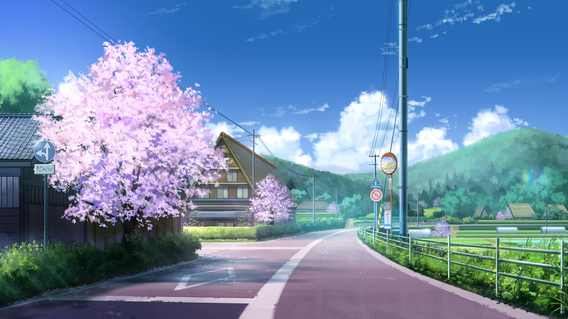 动漫 樱花 路 房子 天空 云 壁纸 5760×3240