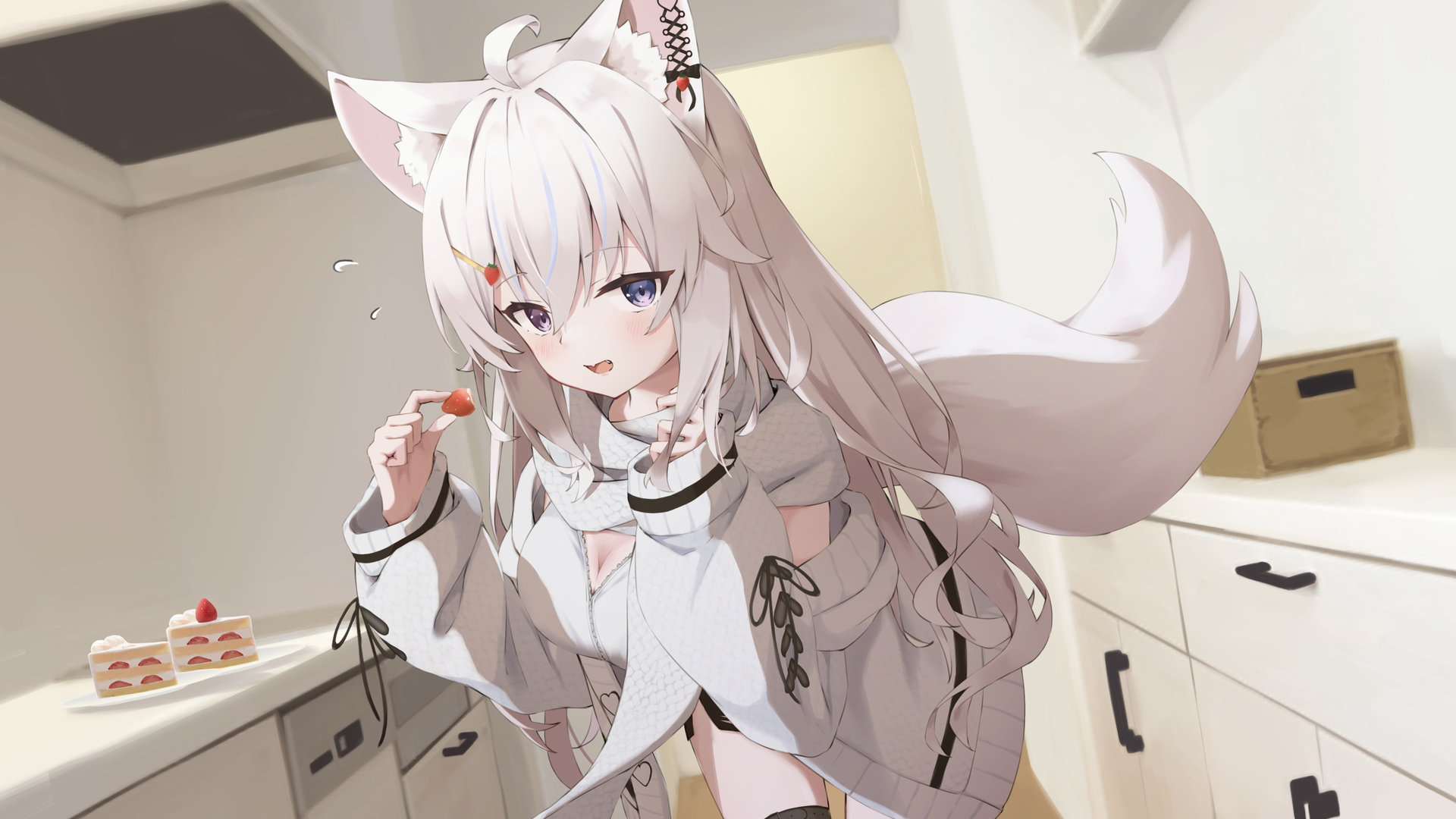 绝美狐狸耳朵 狐耳 狐狸尾巴 狐尾 长头发 动漫 动漫女孩 狐狸少女 异色 蛋糕 草莓 糖果 两个音的头发 脸红 手机壁纸 3840×2160