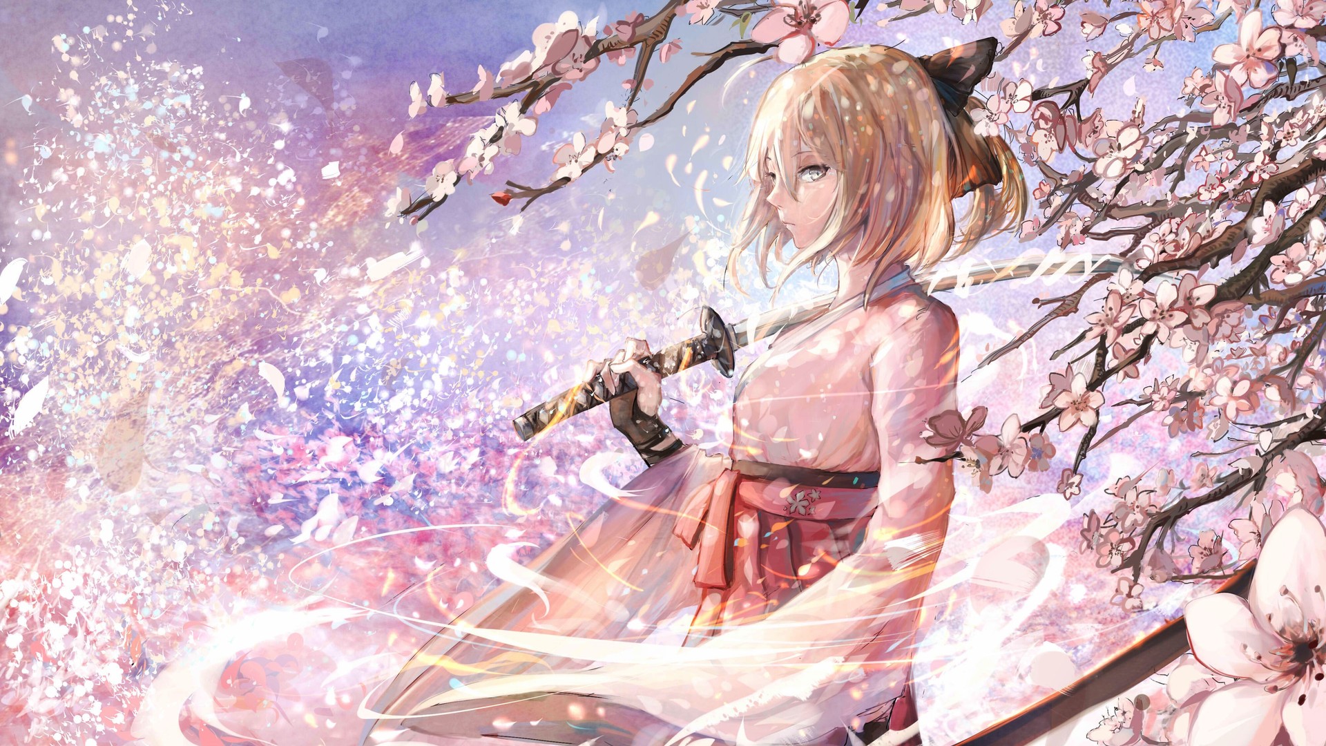 高清短发 金发 剑女 奇幻女孩 动漫 动漫女孩 武侠 服装 樱花 命运系列 冈田秀二 皮耶夫 剑 武器 奇幻艺术 桌面壁纸 4000×2400