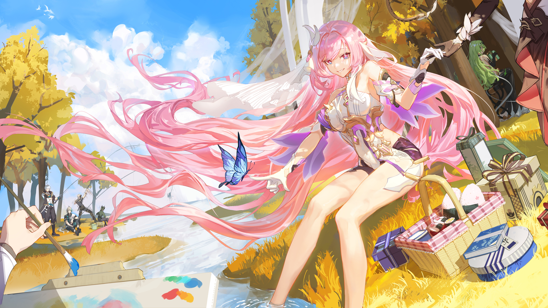 长发 看观众 牵手 微笑 腿 粉色头发 绘画 动漫女孩 电脑 壁纸 3840×2160