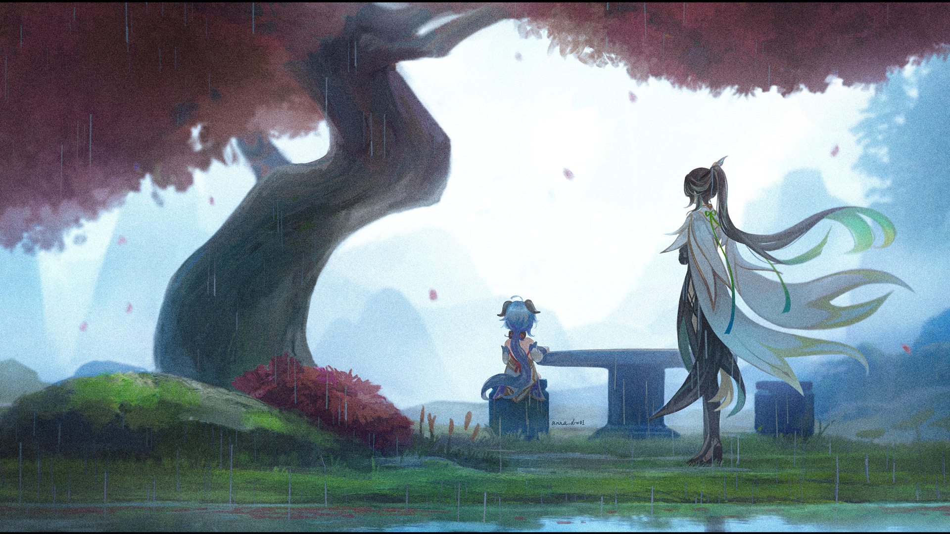 马尾辫 原神 动漫 动漫女孩 树 草 雨 壁纸 4049×2782
