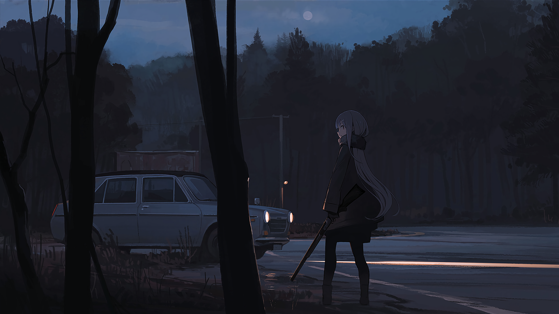 长发 苍白 动漫 动漫女孩 黑色背景 夜晚 森林 汽车 道路 武器 4K高清壁纸 3840×2160