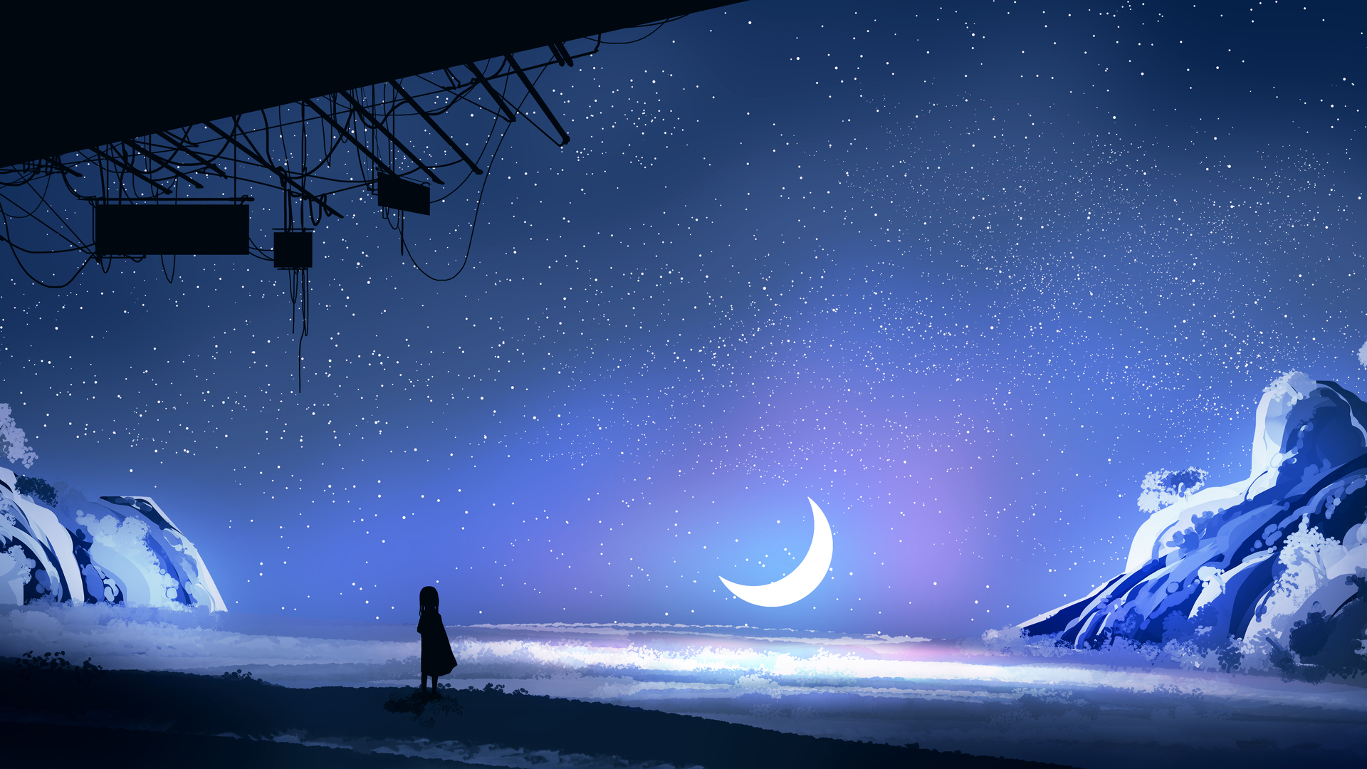 优雅 AI艺术 插图 极简主义 夜晚 星星 月亮 夜景 风景 自然 星夜 新月 星空 高清壁纸 5640×2400