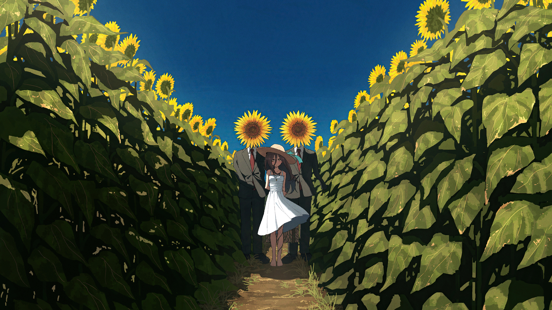 高清站着 长发 赤脚 动漫女孩 晴空 向日葵 夏天 连衣裙 草帽 天空 树叶 白色连衣裙 小路 太阳裙 壁纸 5120×3073