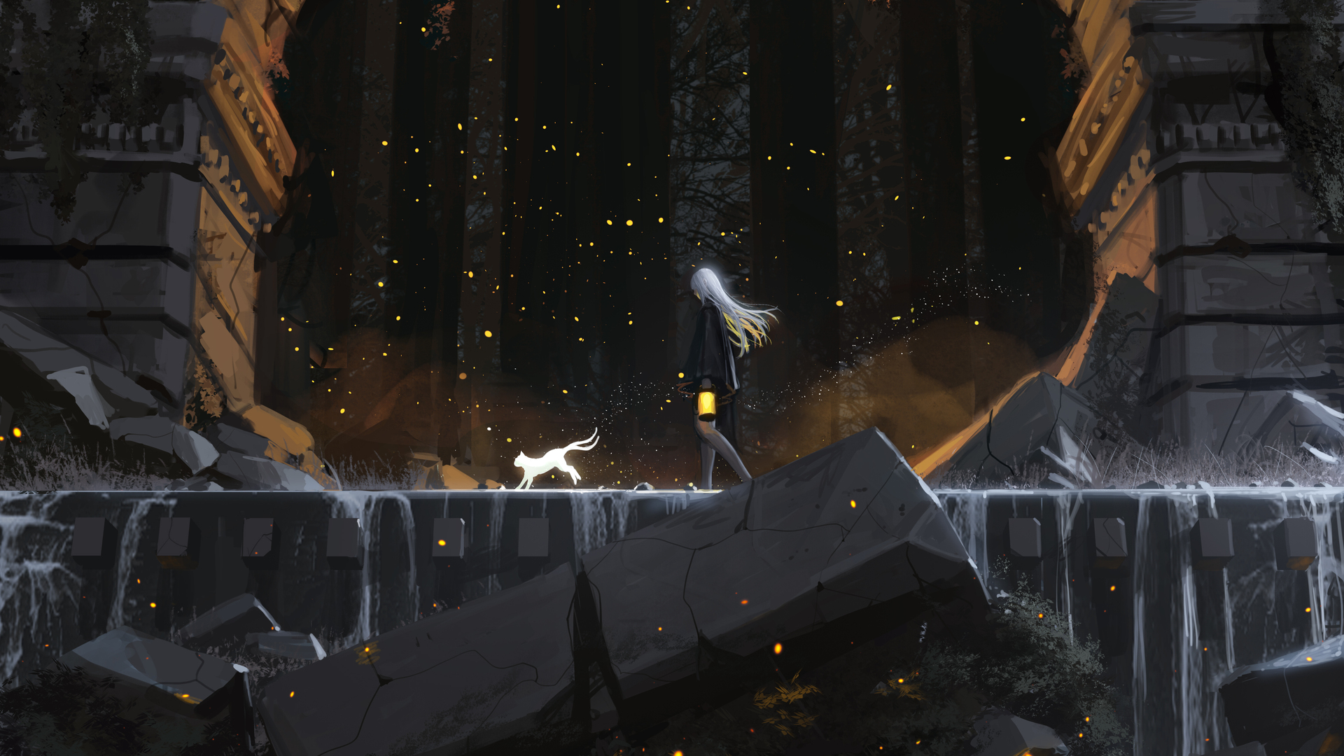 奇幻艺术 绘图 废墟 走路的女孩 概念艺术 猫 4K高清壁纸 3840×2160