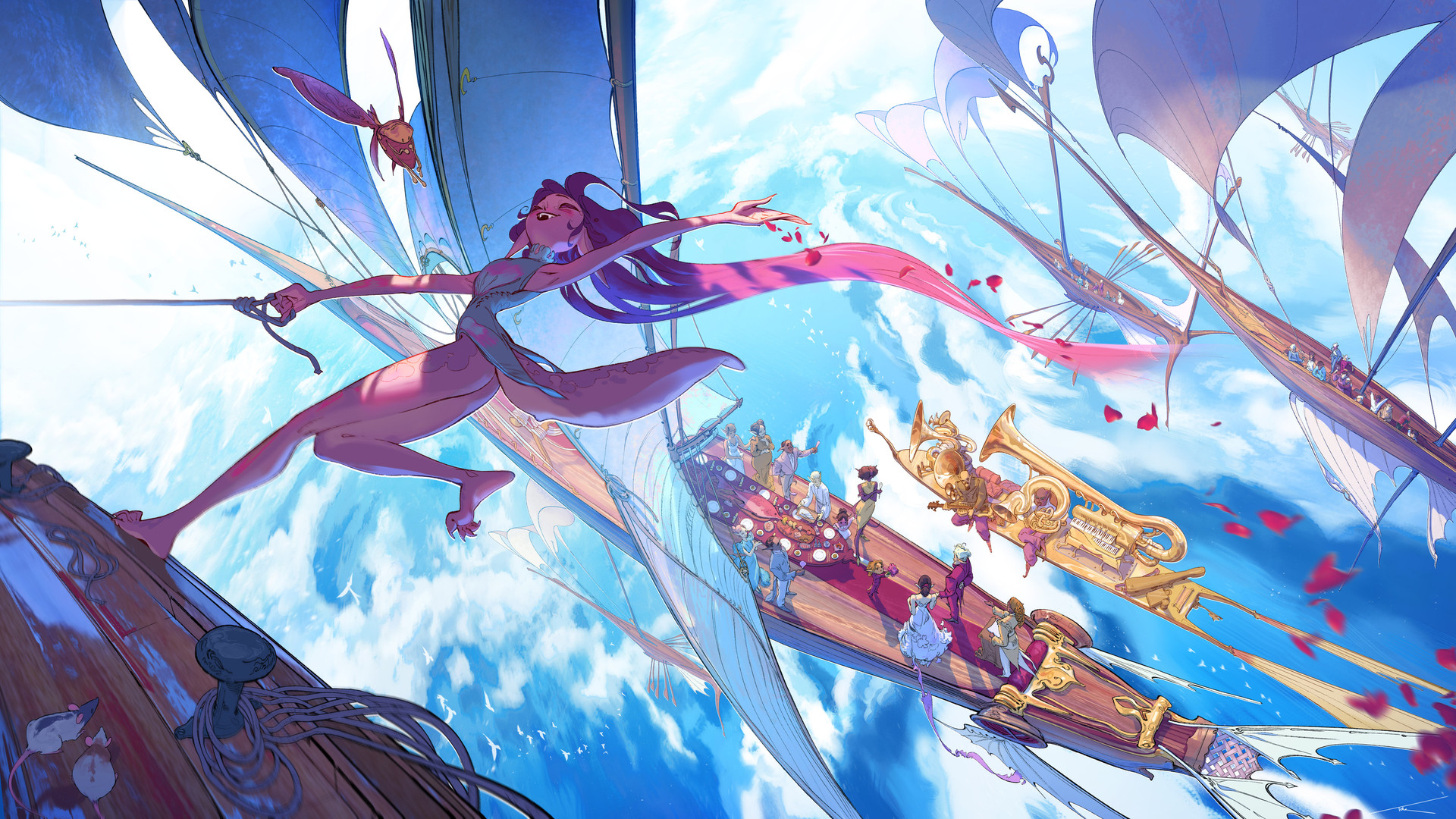 船 天空 云 花瓣 欢乐的女孩 电脑 壁纸 3840×2160
