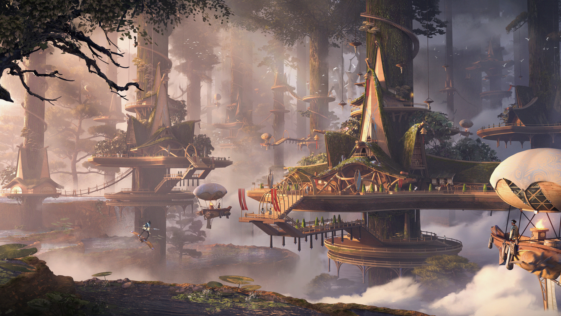 高清奇幻建筑 奇幻艺术 村庄 森林 树木 高清壁纸 3840×2160