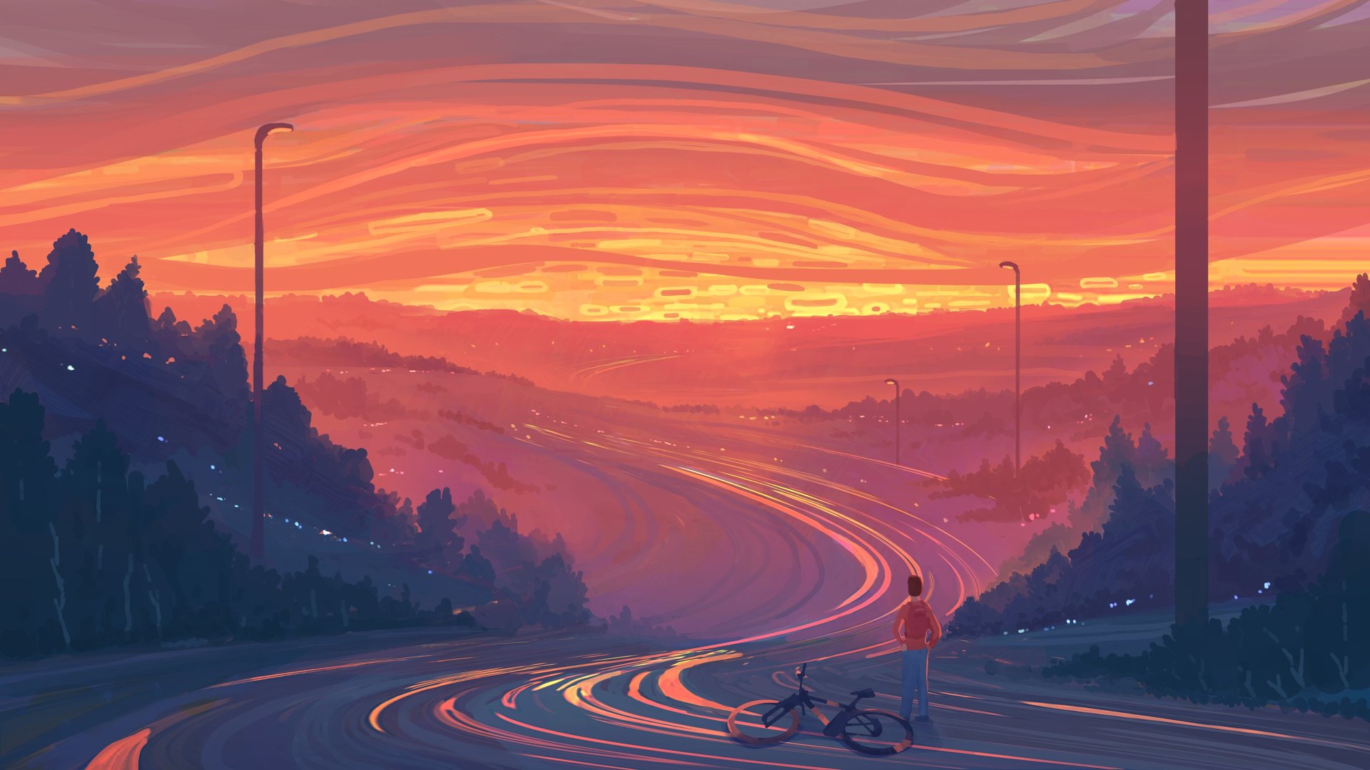 热门道路 日落 自行车 插画风格 自由向往 高清壁纸 3840×2160