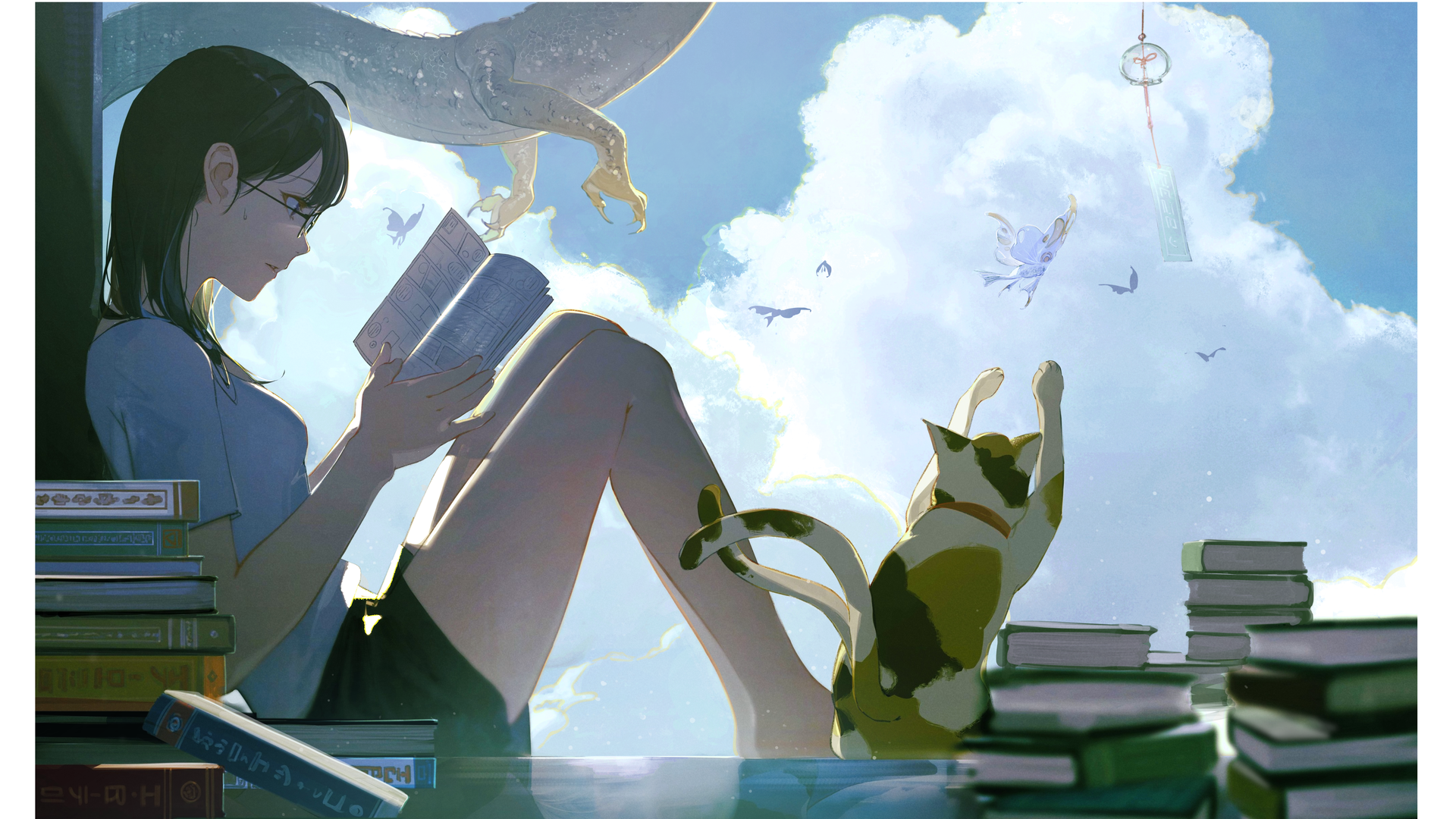 猫 天空 书 眼镜 动漫女孩 动物 壁纸 6002×3706