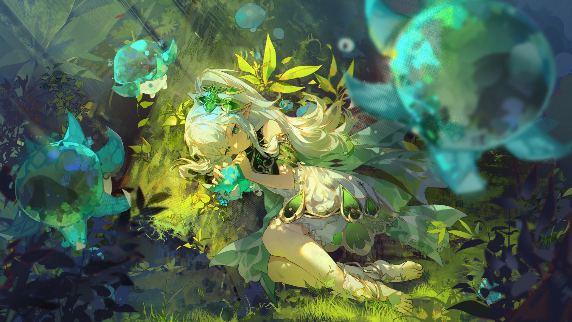 热门白色头发 绿色眼睛 精灵女孩 白色连衣裙 高清壁纸 3840×2160