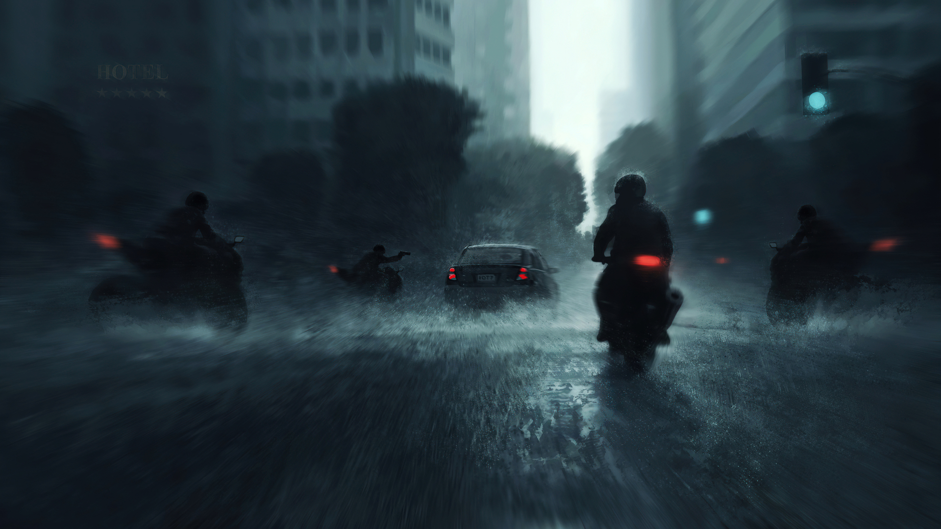 热门摩托车 汽车 运动模糊 AI艺术 雨中的摩托车 高清壁纸 3840×2160