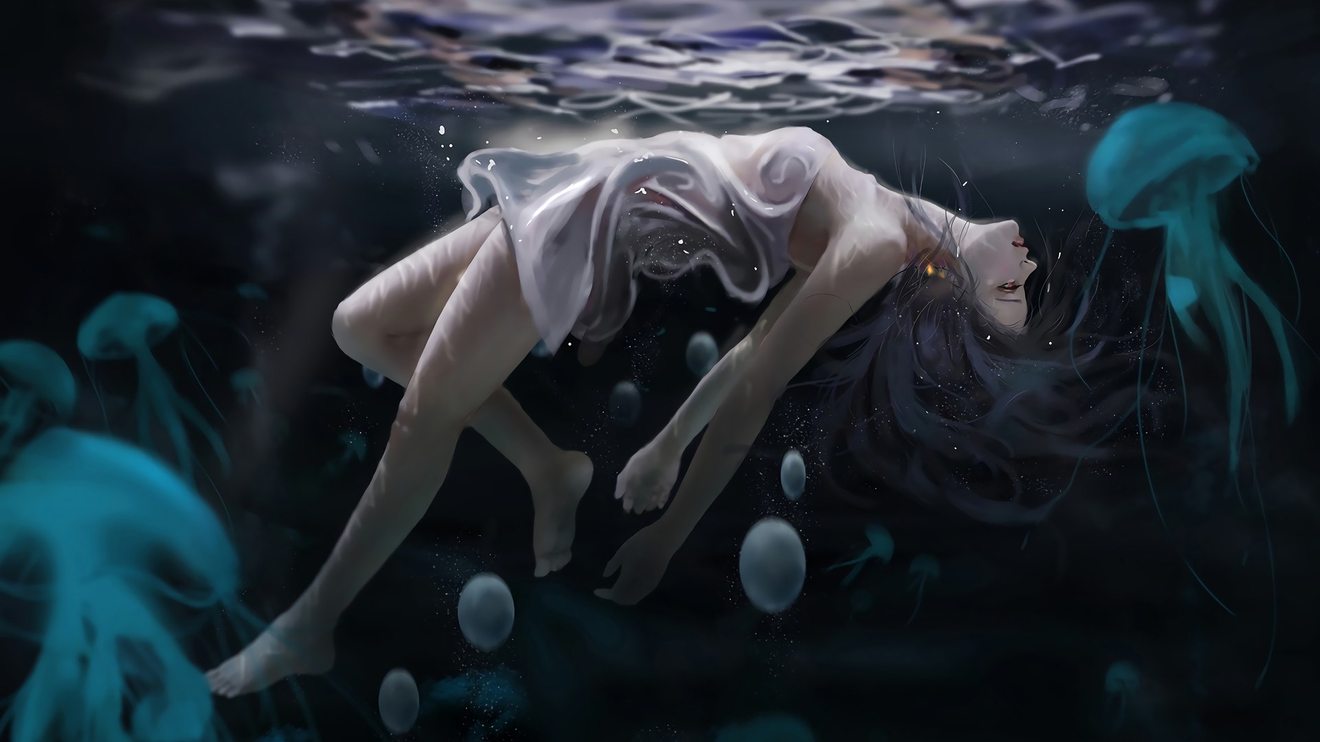 高清AI艺术 水母 水下 水中 动漫女孩 壁纸 4096×2652