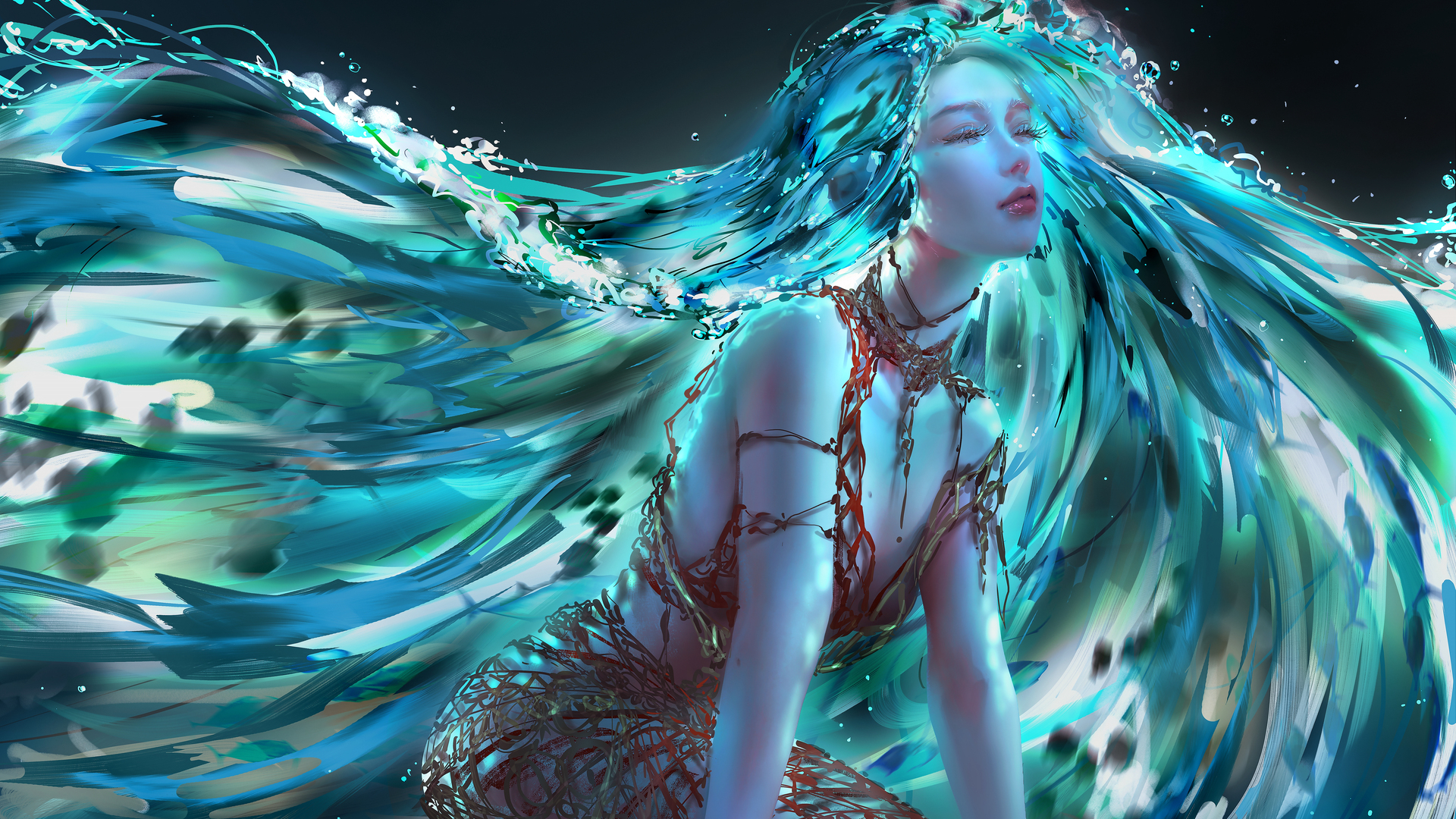 绝美女人 幻想女孩 闭着眼睛 绿松石头发 无水印壁纸 3840×2160