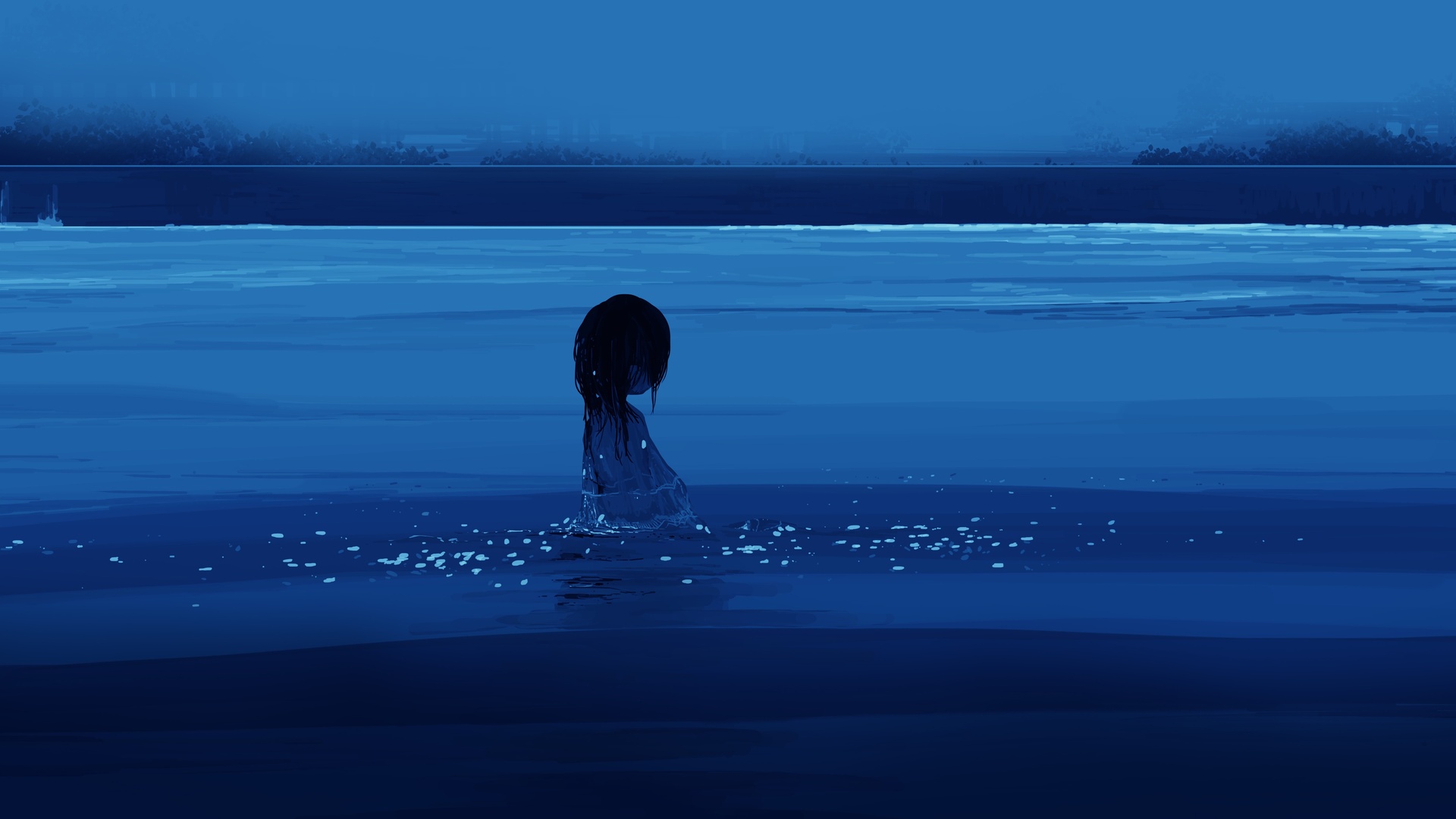 唯美短发 纤细 动漫女孩 海 水 游泳 手机壁纸 3840×2160