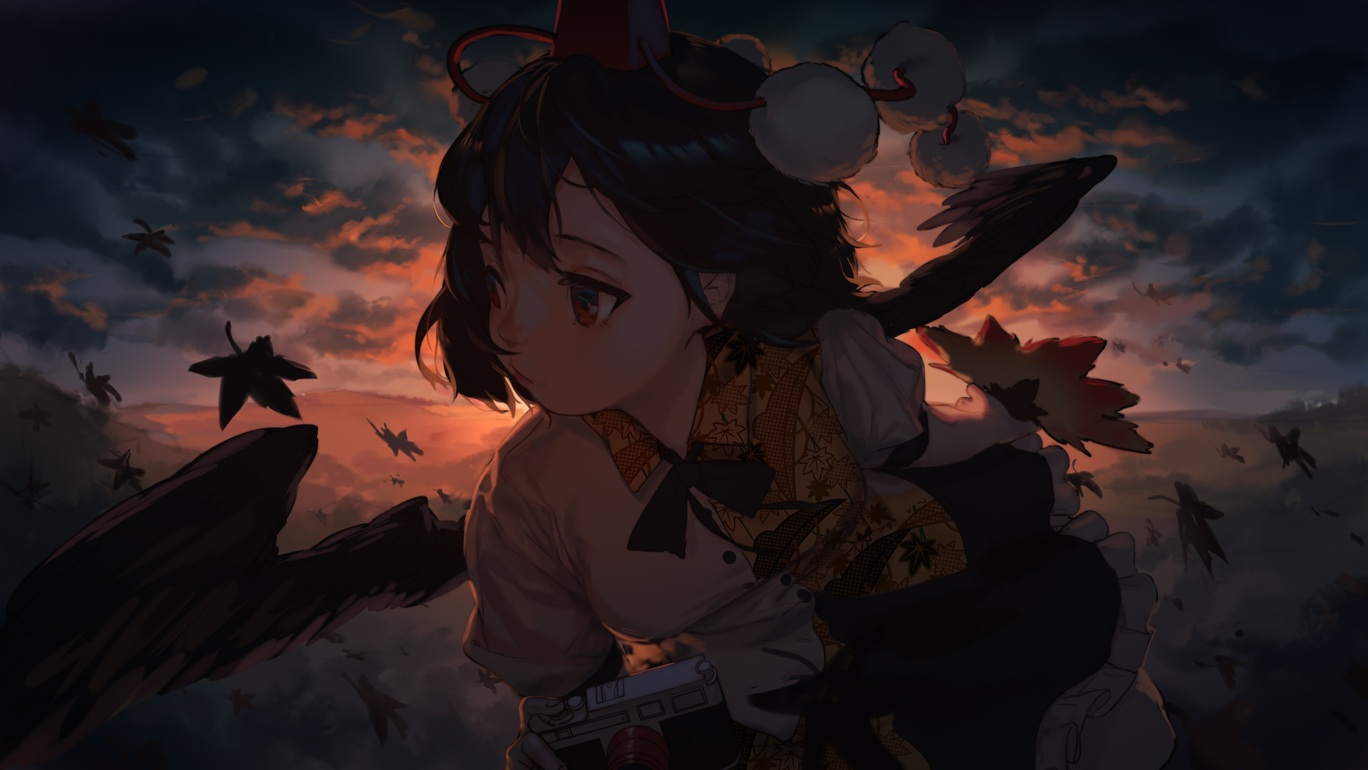 脸 动漫 动漫女孩 黑暗 天空 树叶 4K壁纸 3840×2160