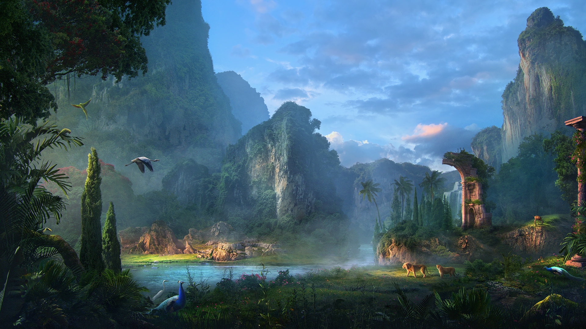 绝美山脉 孔雀 植物 树木 岩石 森林 自然风景 壁纸 3840×2160