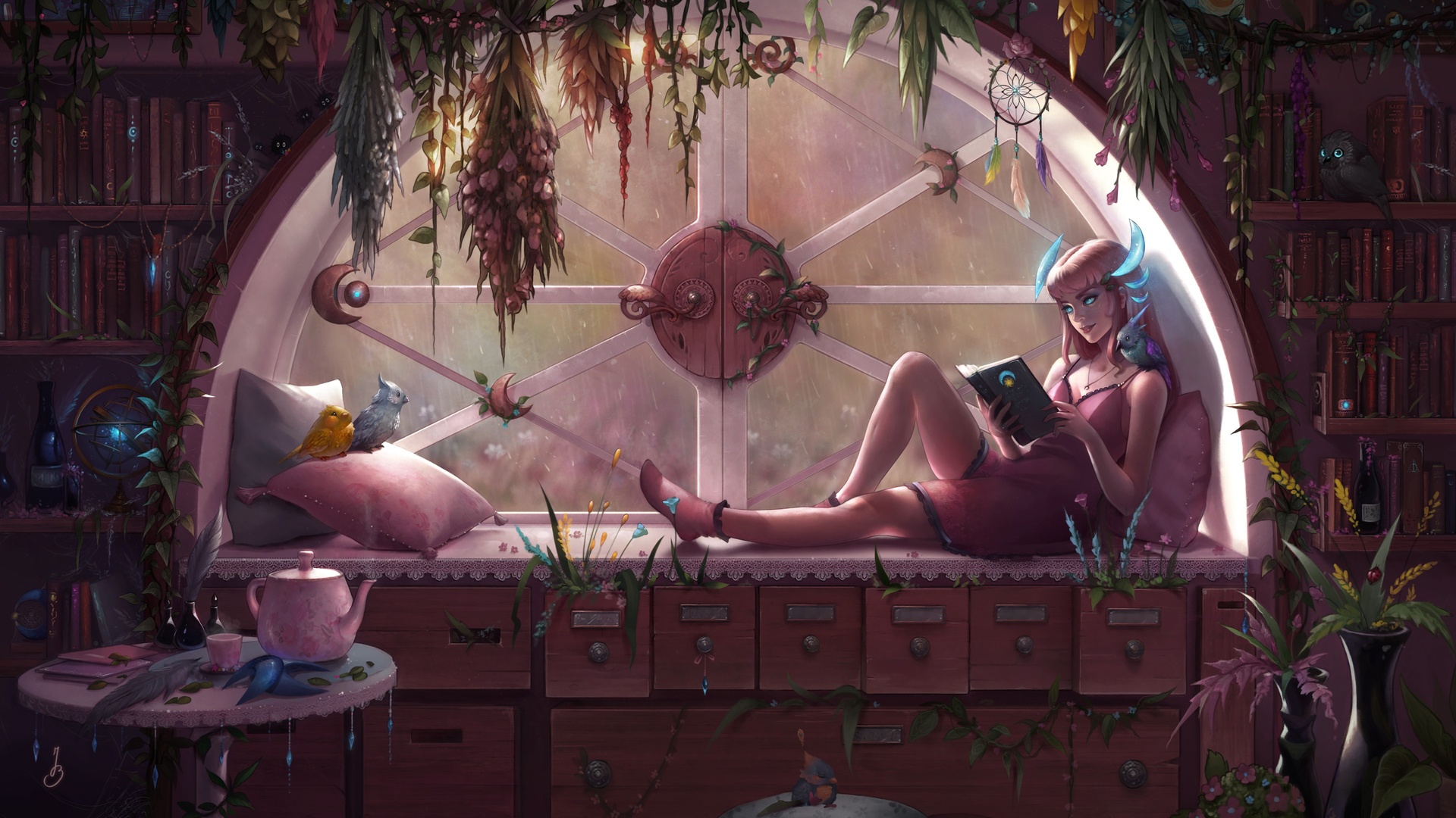 珍妮·布罗泽克 女人 鸟 窗 花 书 壁纸 3840×2160