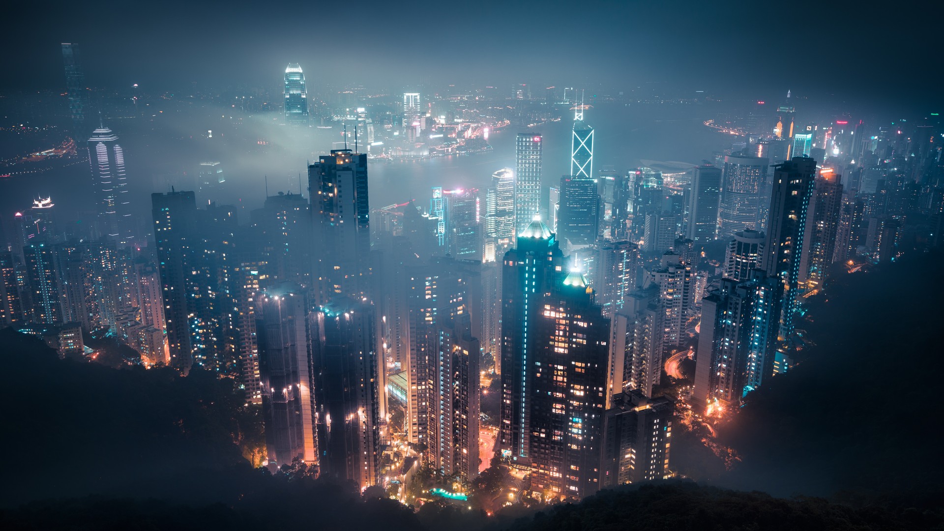 城市景观 薄雾 夜晚 香港 灯光 中国 亚洲 城市灯光 4K高清壁纸 3840×2160