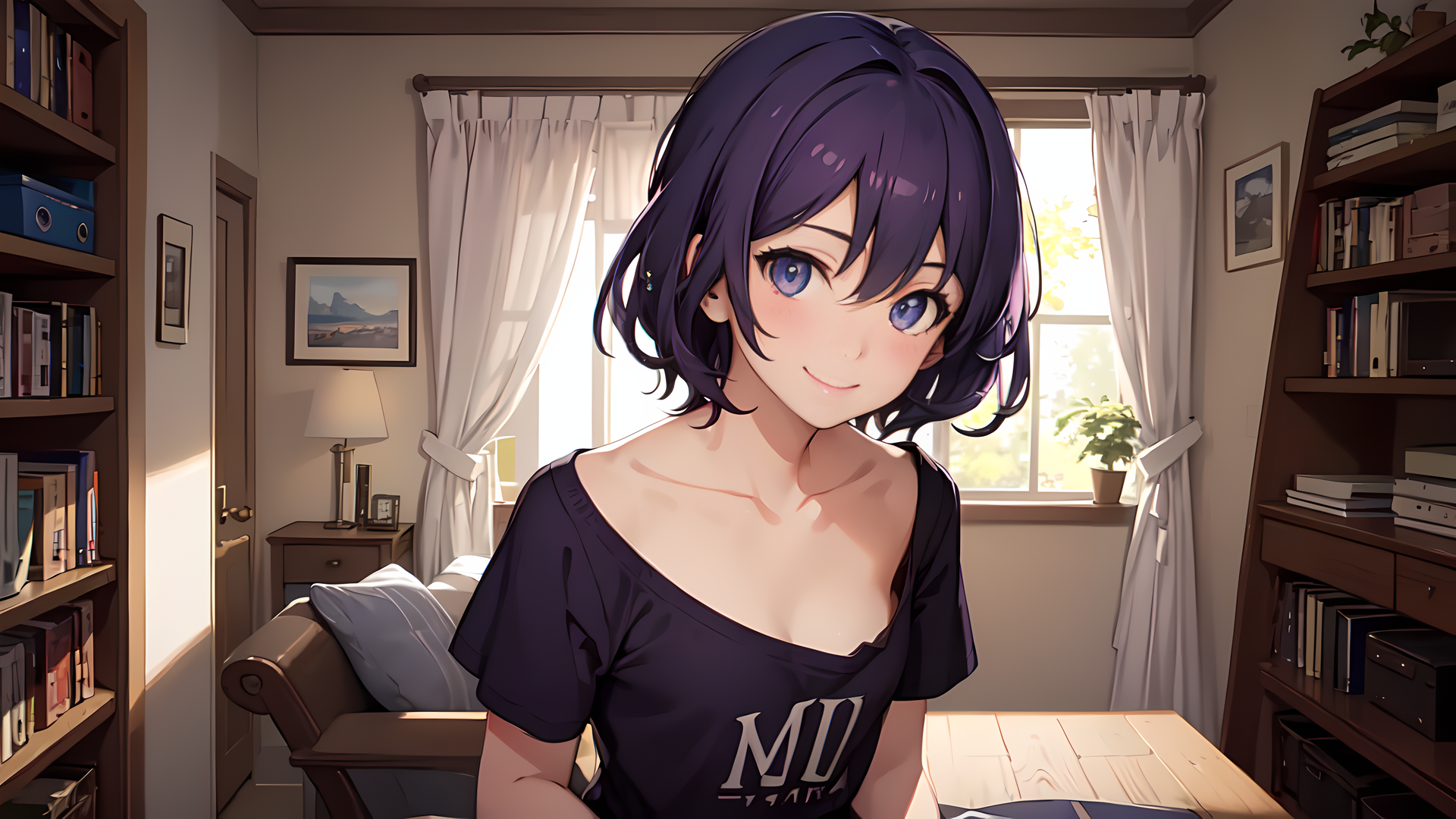 热门短发 微笑 艺术 动漫女孩 室内 书籍 书架 宽松的衣服 手机壁纸 3840×2160