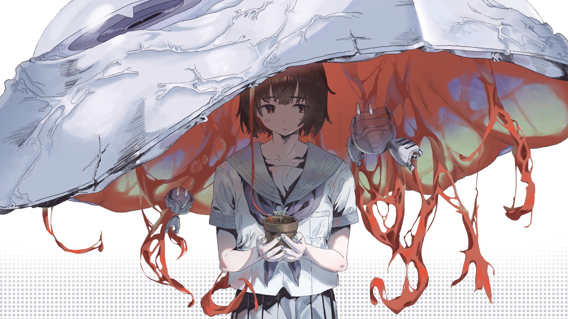 热门动漫女孩 雨伞 生物 校服 植物 简单背景 高清壁纸 3840×2160