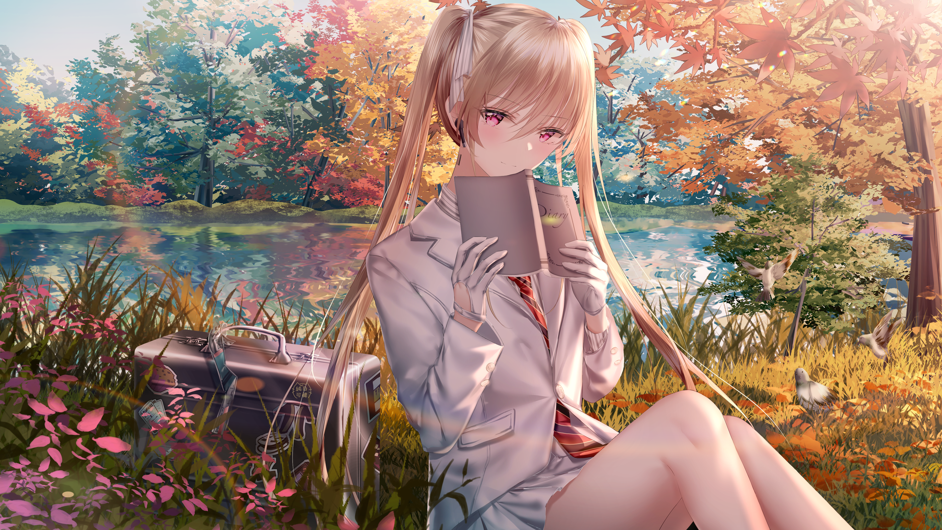 超清湖 树 秋天 双尾 紫色眼睛 校服 手中的书 壁纸 3840×2160